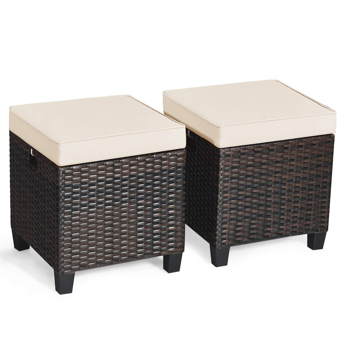 Tangkula 2 Pieces Outdoor Patio Ottoman, All Weather Rattan Wicker Ottoman Seat