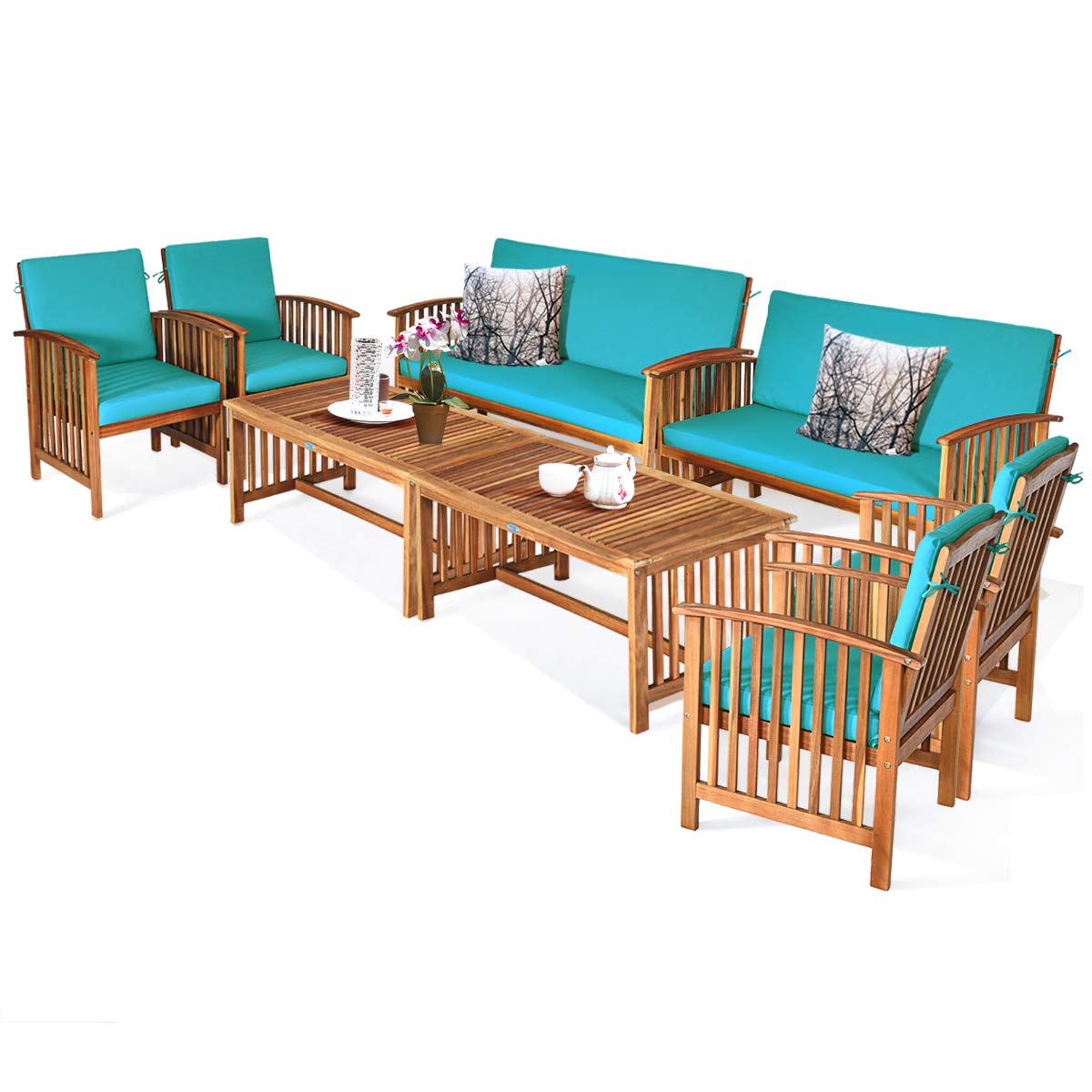 Tangkula Outdoo Wood Sofa Set w/Water Resistant Cushions, Padded Patio Seating Chat Set