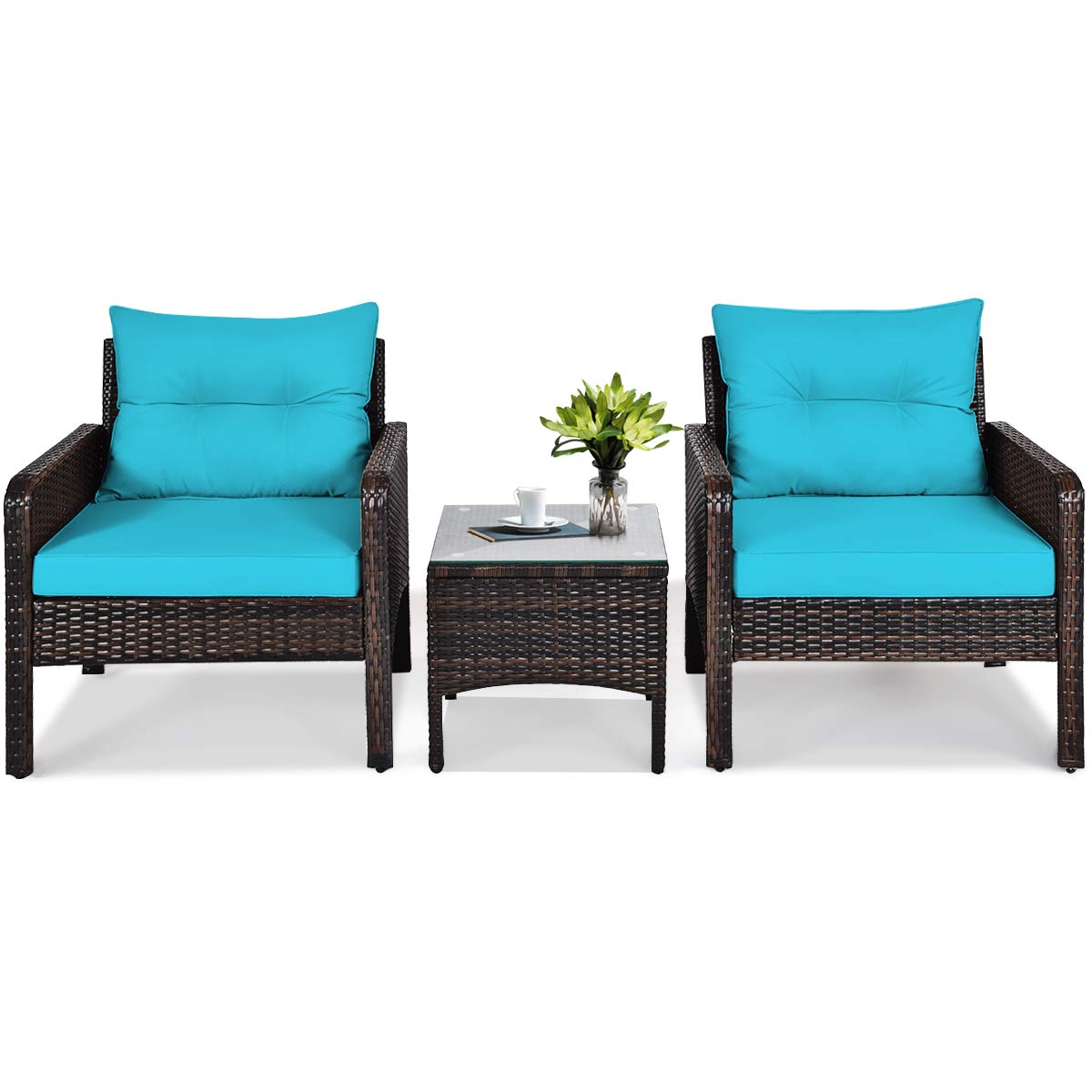 Tangkula 3 Piece Outdoor Patio Furniture Set, Wicker Chairs Set with Glass Top Coffee Table