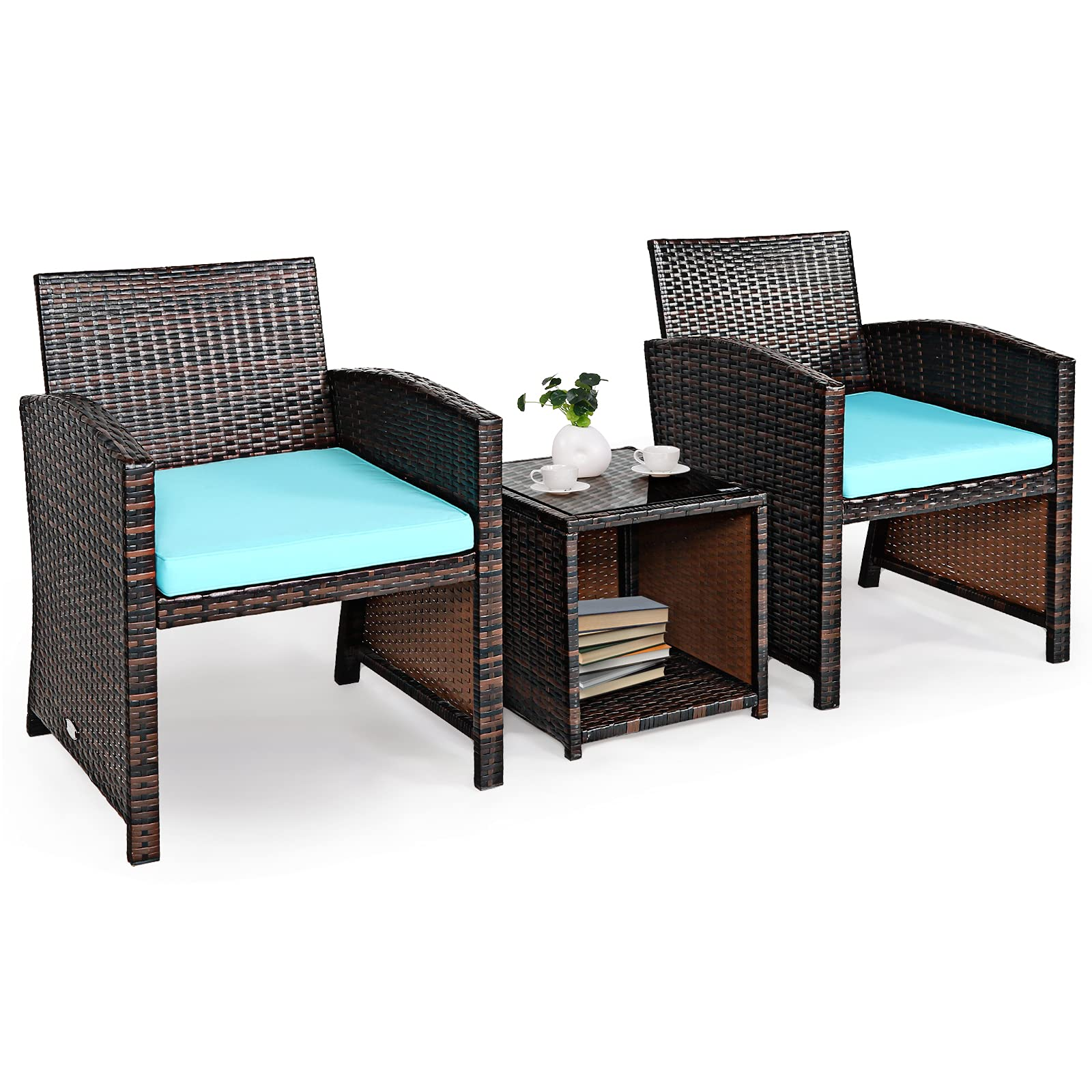 Tangkula 3-Piece Outdoor PE Rattan Furniture Set, Patio Conversation Set w/Chair & Storage Coffee Table