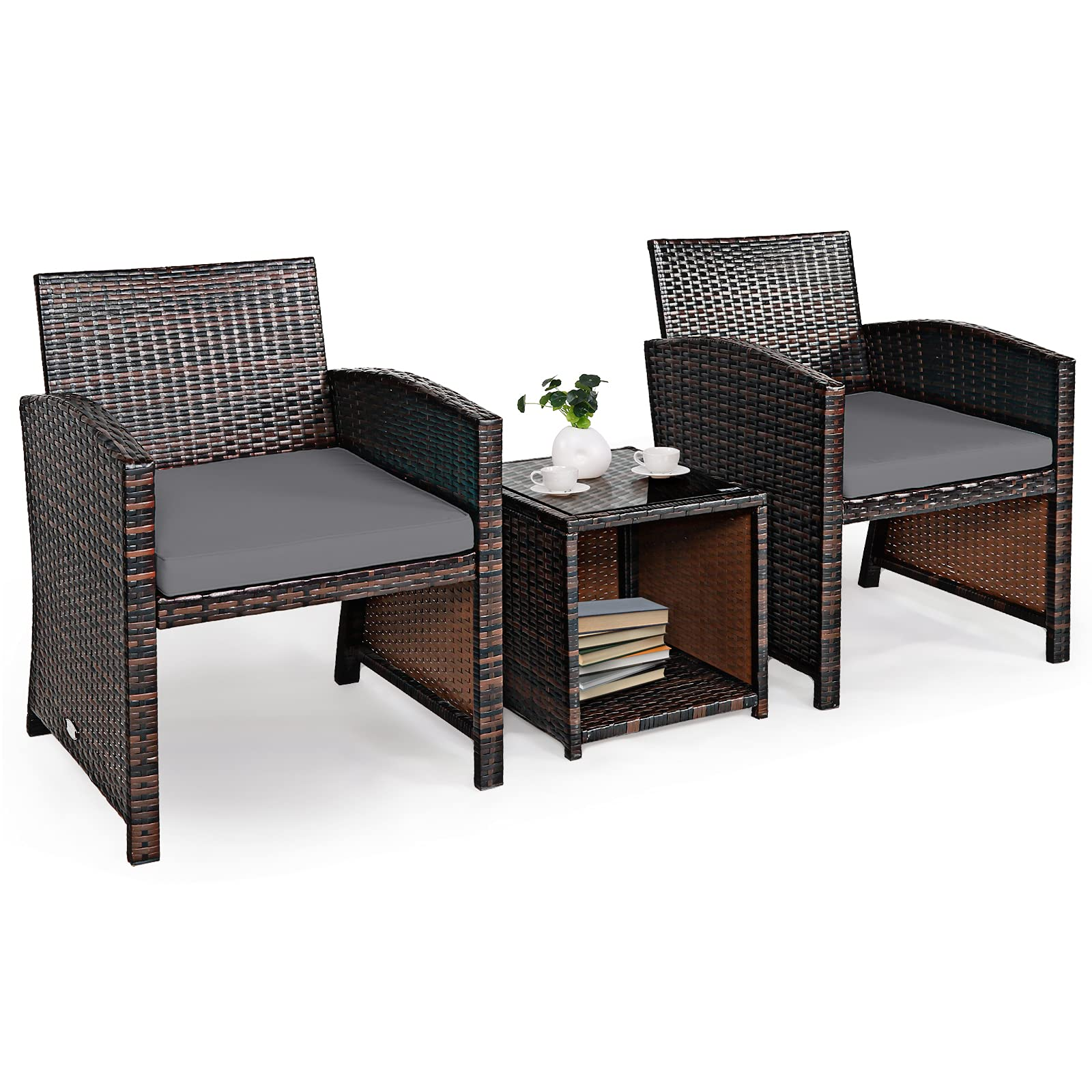 Tangkula 3-Piece Outdoor PE Rattan Furniture Set, Patio Conversation Set w/Chair & Storage Coffee Table