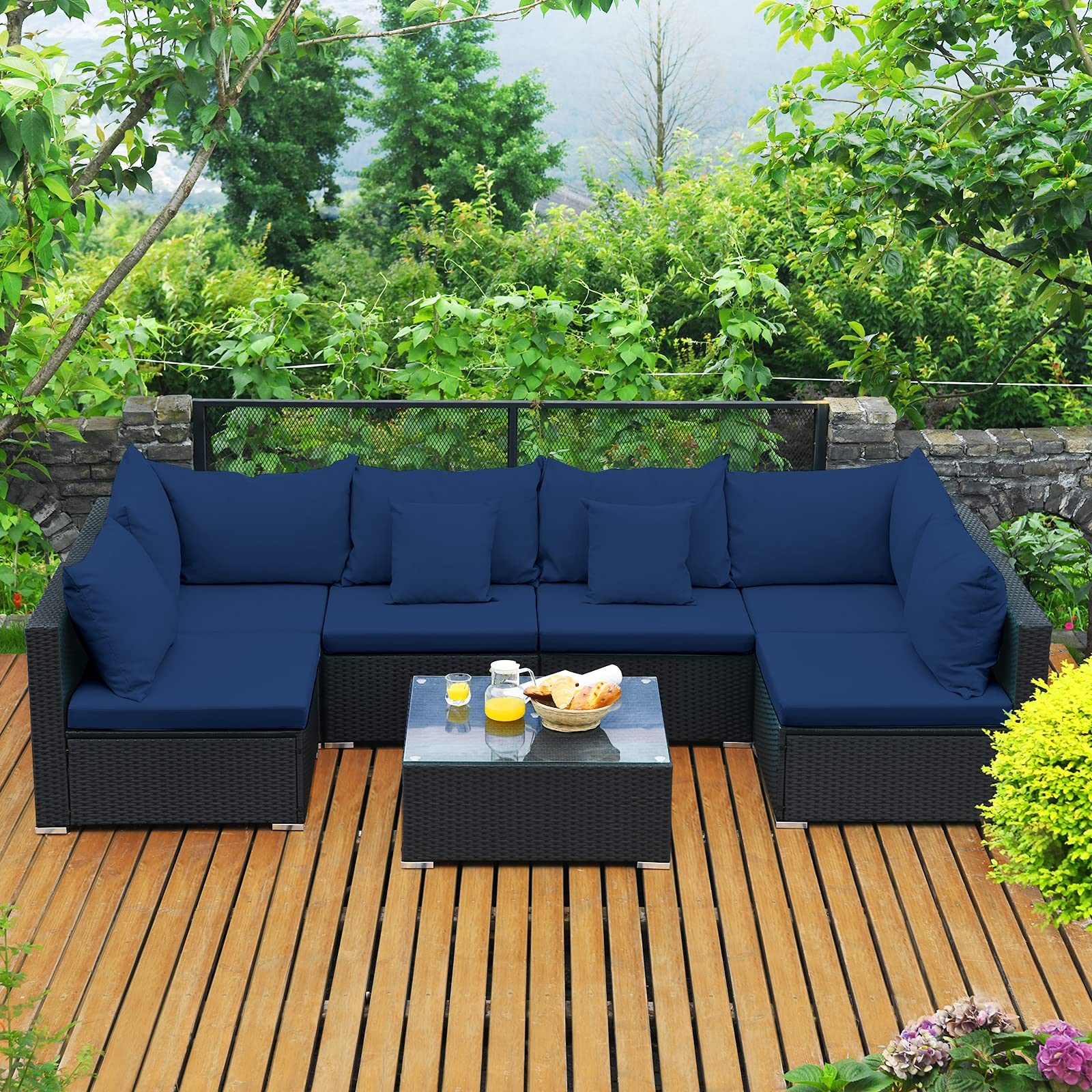 Tangkula 7 Piece Patio Furniture Set, Outdoor Sectional Sofa w/Pillows and Cushions