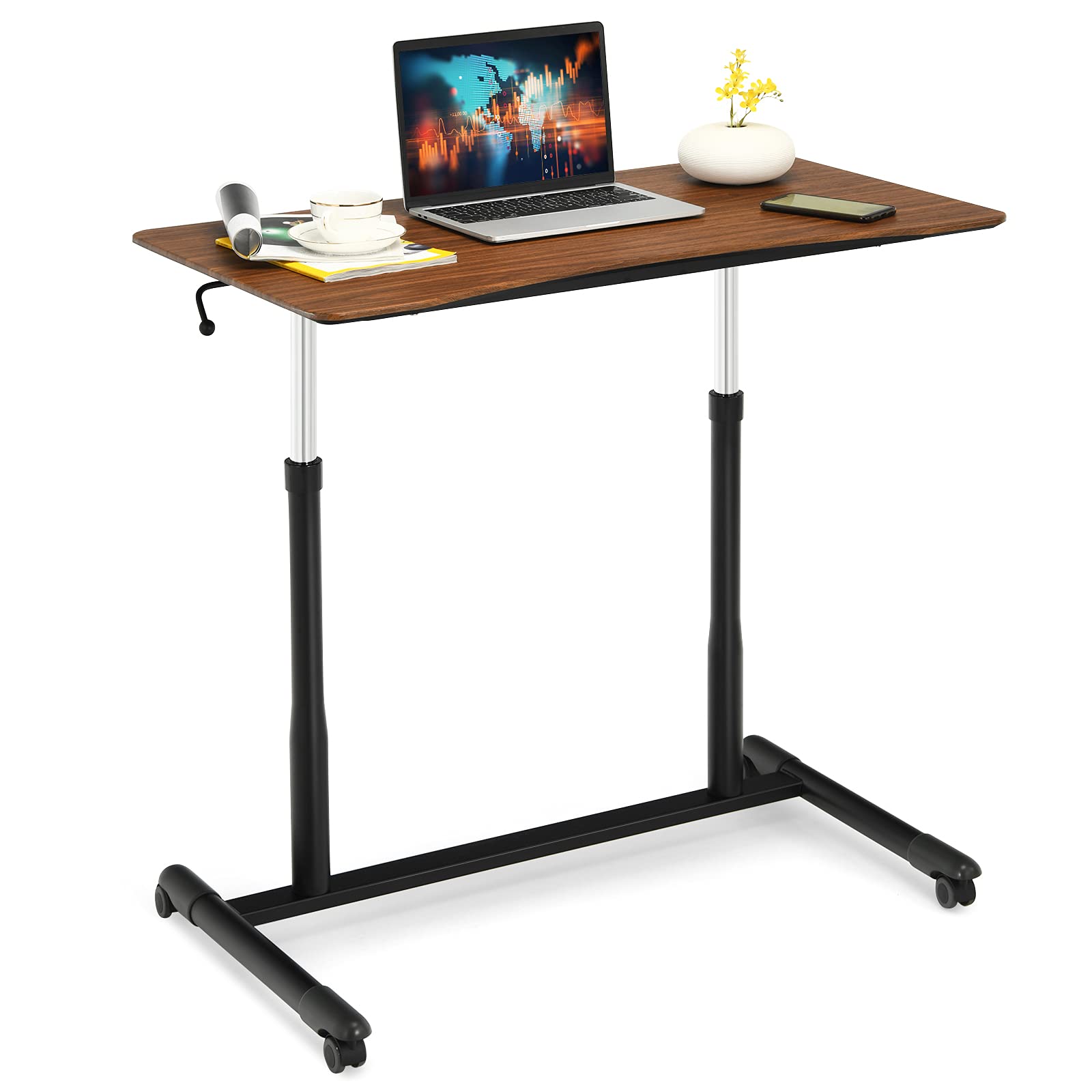 Tangkula Mobile Computer Desk with Steel Frame, Small Height Adjustable Rolling Compact Stand Up Desk on Wheels