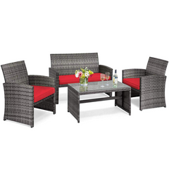 Tangkula 4 PCS Wicker Patio Conversation Set, Outdoor Rattan Sofas with Table Set