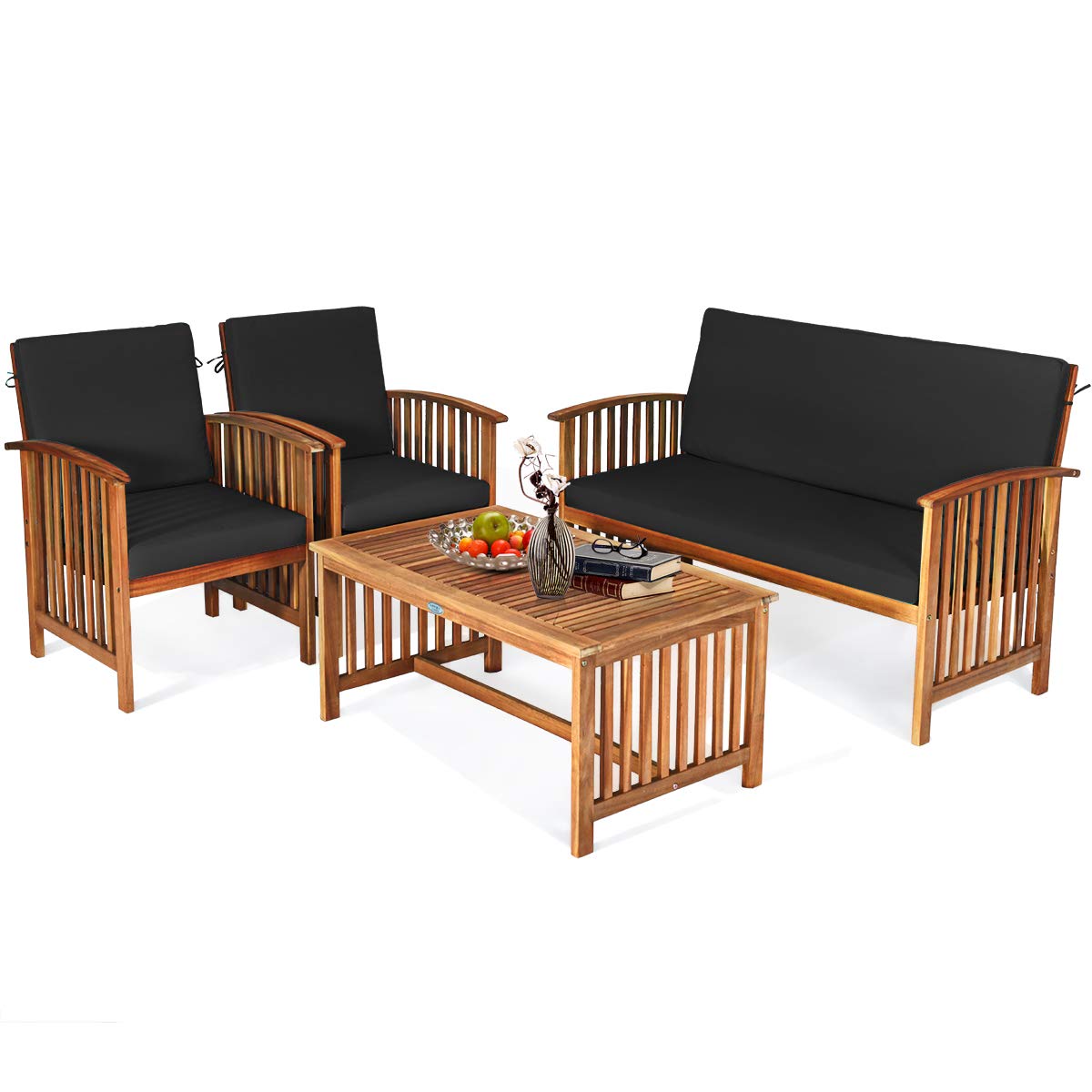 Tangkula Outdoo Wood Sofa Set w/Water Resistant Cushions, Padded Patio Seating Chat Set