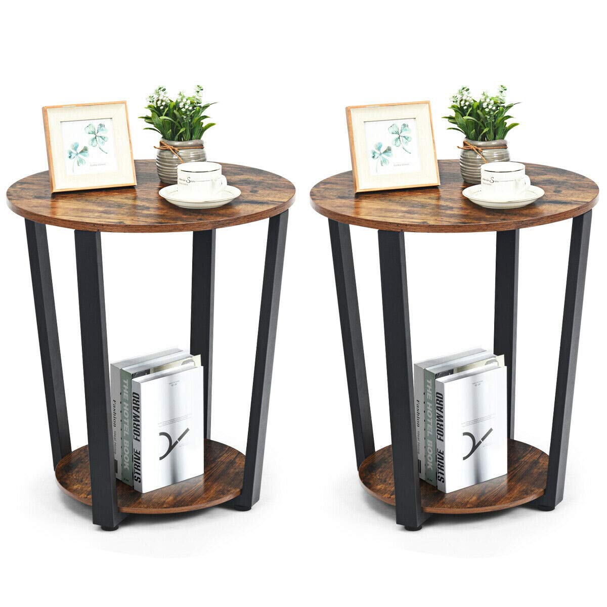 Tangkula Round End Table, 2-Tier Metal Sofa Table with Storage Shelf