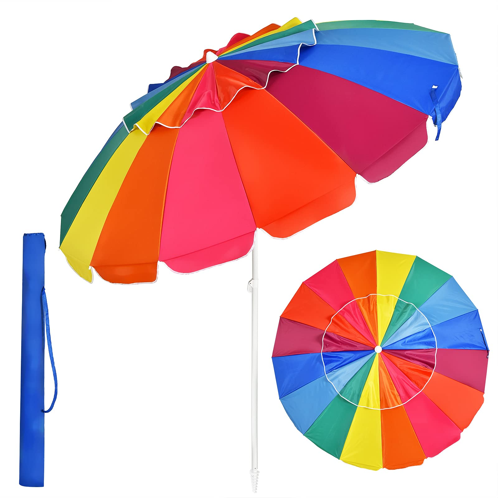 Tangkula 8FT Beach Umbrella, Portable Beach Umbrella W/Sand Anchor & Tilt Mechanism, 16 Sturdy Fiberglass Ribs