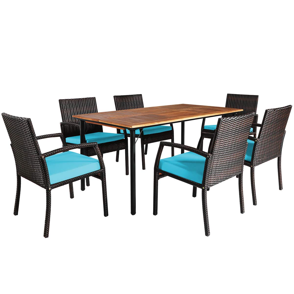 Tangkula 7 Pieces Patio Dining Set, Acacia Wood Wicker Dining Furniture Set with Sturdy Steel Frame & Umbrella Hole