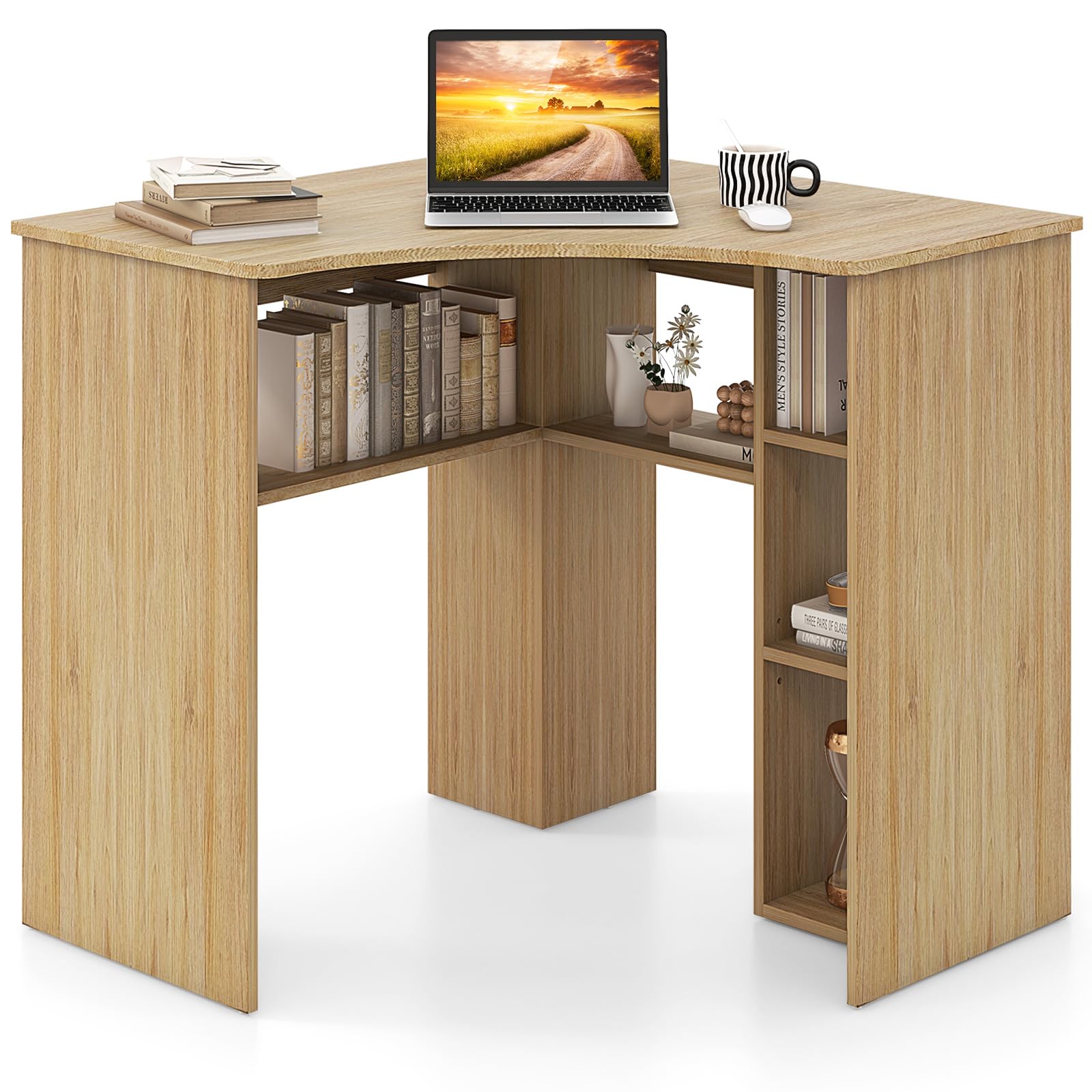 Tangkula Corner Desk with Storage Shelves, Space-Saving Triangle Study Writing Desk with Adjustable Shelves