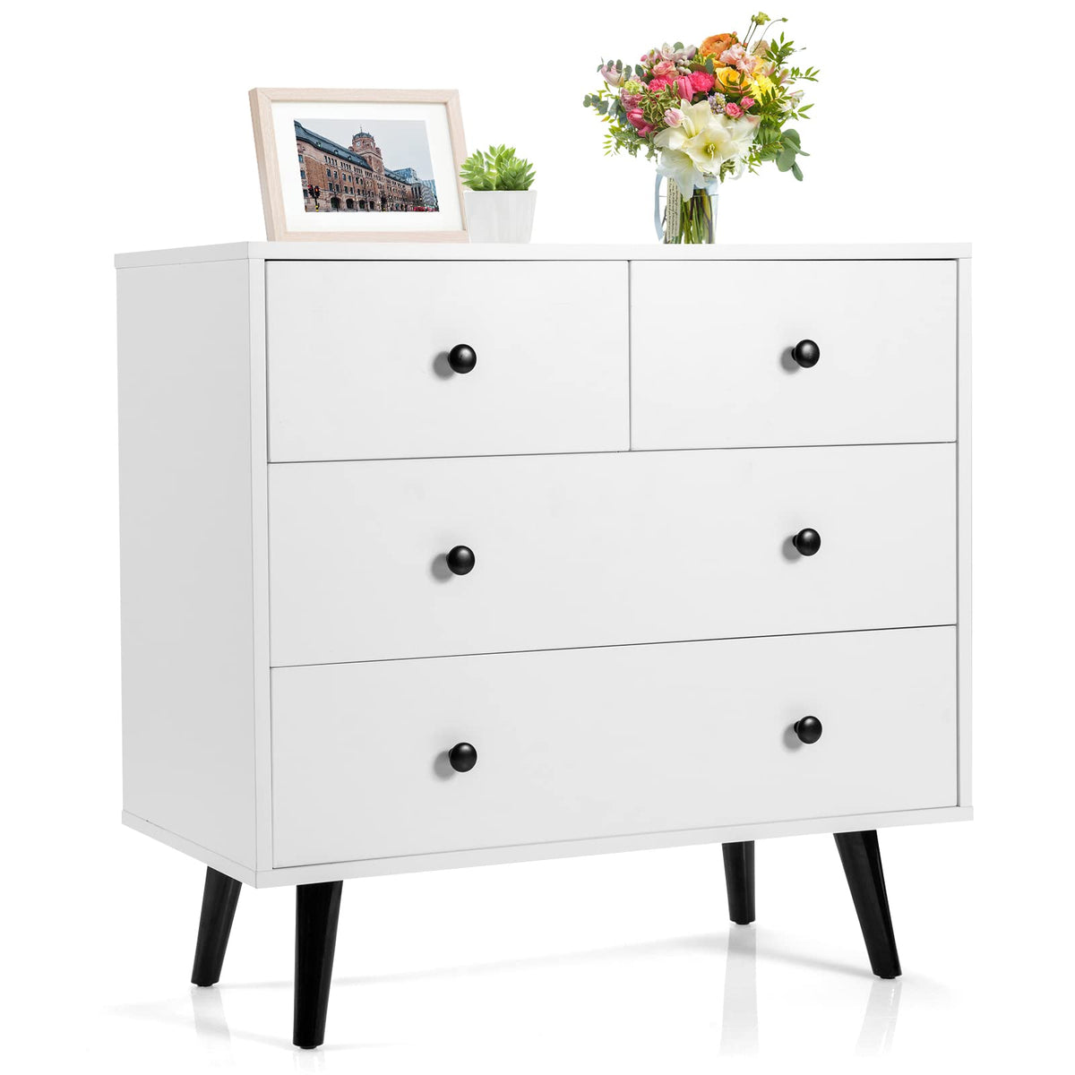 Tangkula 4 Drawer Dresser, Freestanding Storage Cabinet with Legs & Metal Handles, Modern Storage Drawer for Bedroom, Nursery Room (White)