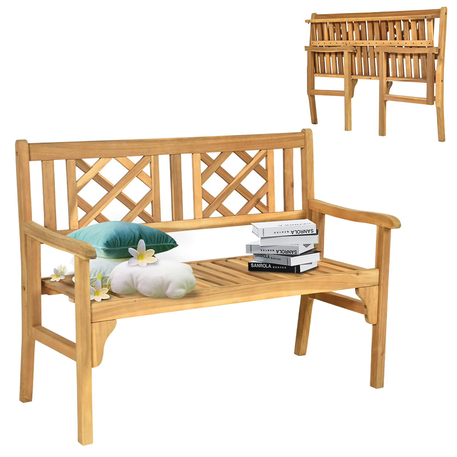 Tangkula Foldable Garden Acacia Wood Bench, Folding Patio Bench with Solid Hard Wood Structure,Locks, Wide Armrest & Backrest