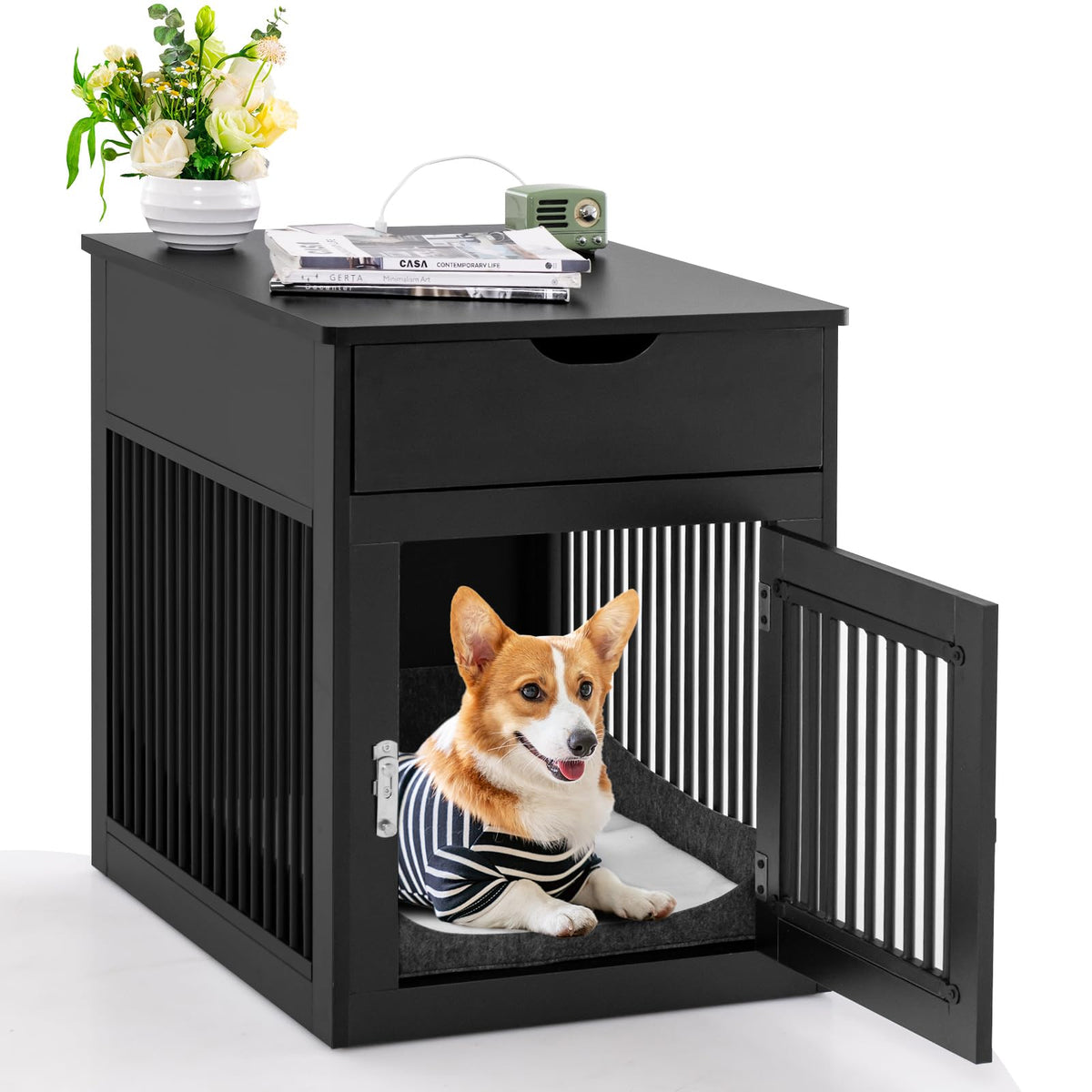 Tangkula Dog Crate Furniture, Decorative Dog Kennel End Table with Storage Drawer