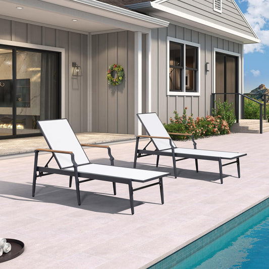 PURPLE LEAF Outdoor Chaise Lounge Chair Set of 2 Patio Pool Lounger Aluminum Chairs with Wooden Armrest Sunbathing Tanning Recliner for Outside Backyard White