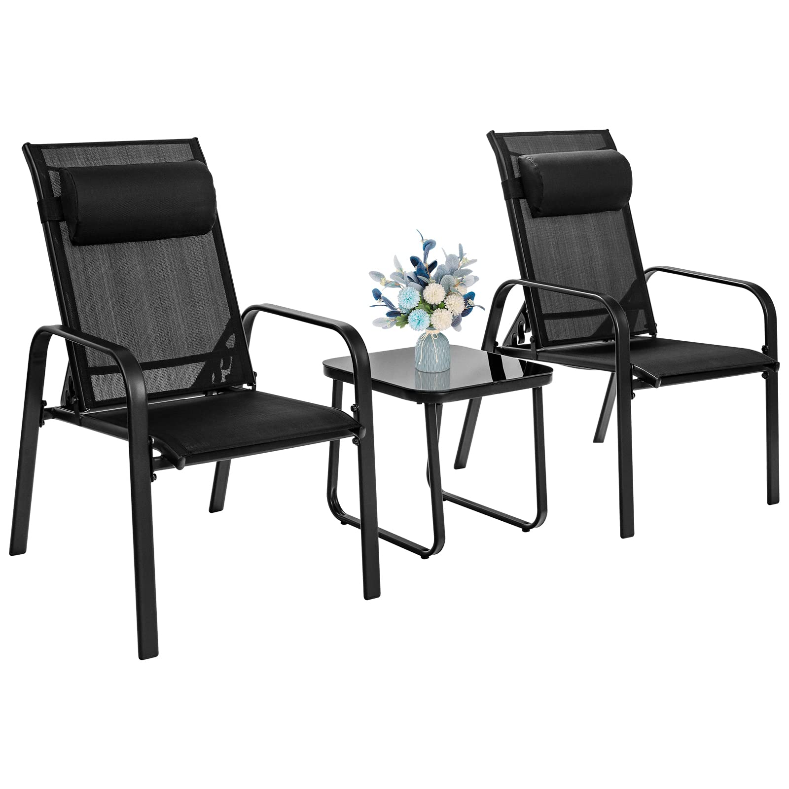 3 Piece Outdoor Bistro Set, Patio Stackable Chairs with Adjustable & Folding Backrest