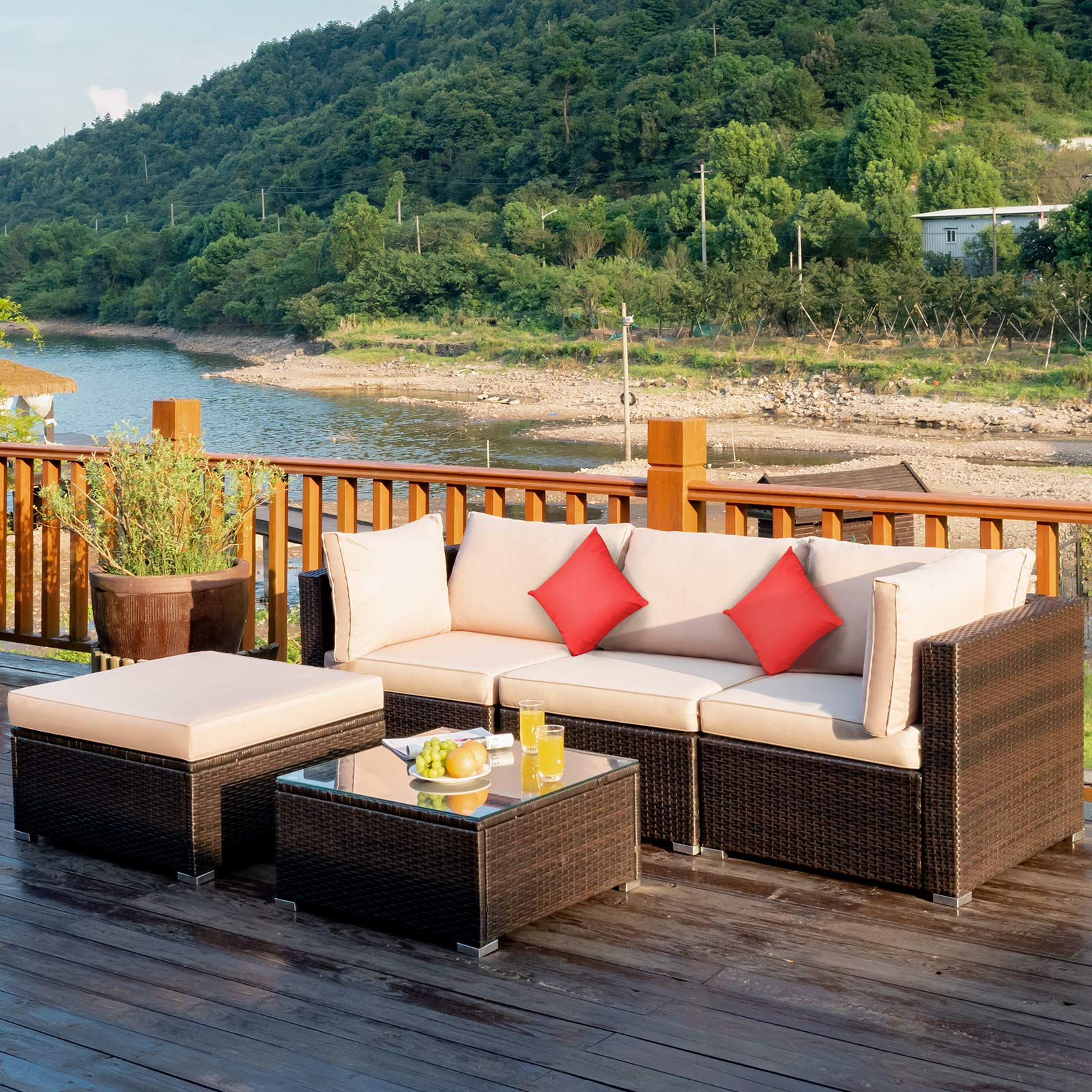 Tangkula 5 PCS Patio Rattan Furniture Set, Outdoor Sectional Rattan Sofa Set with Back & Seat Cushions