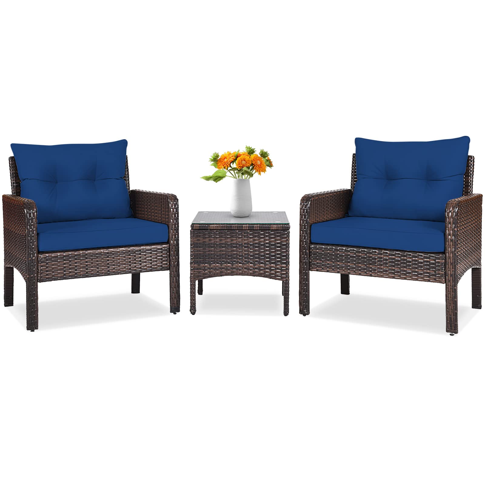 Tangkula 3 Piece Outdoor Patio Furniture Set, Wicker Chairs Set with Glass Top Coffee Table