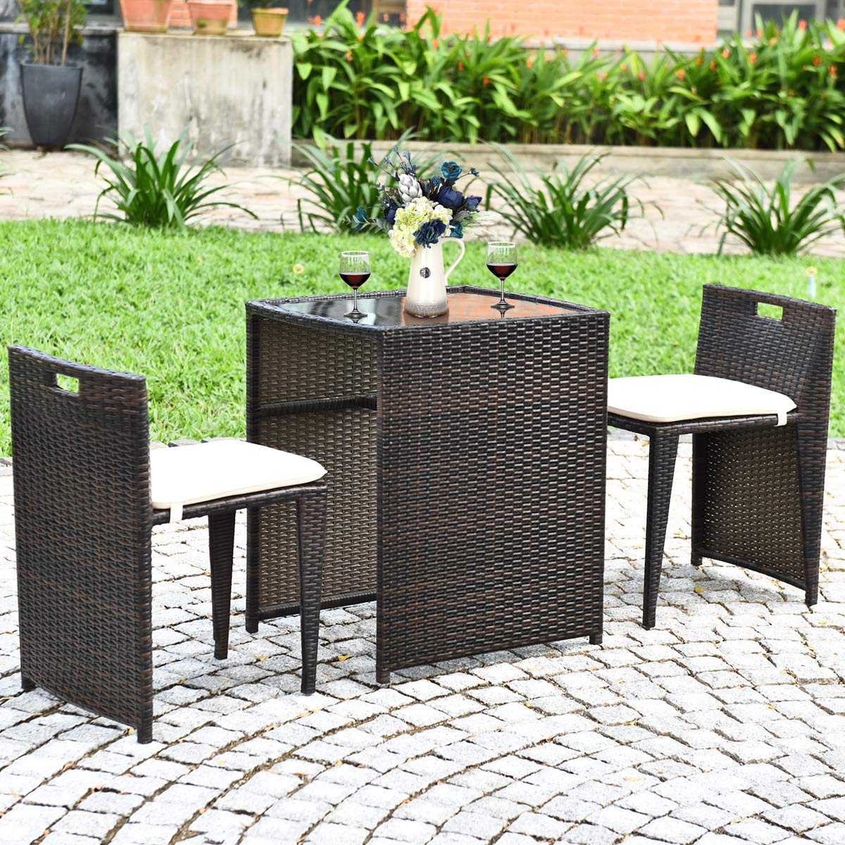 Tangkula 3 PCS Outdoor Rattan Dining Set (Brown)