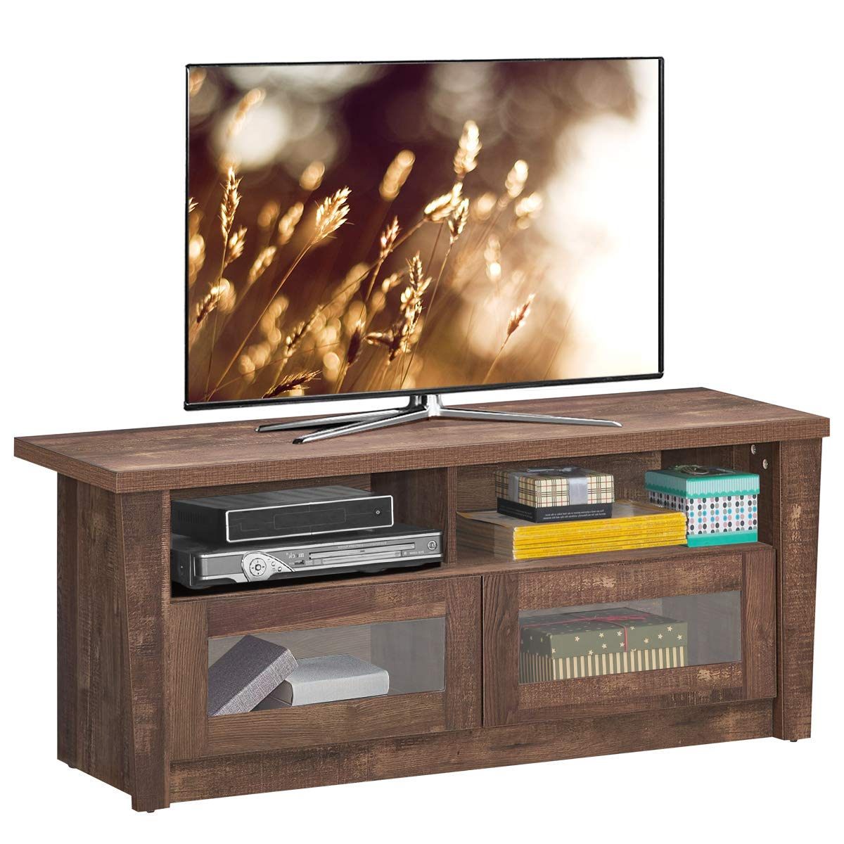 Tangkula Wood TV Stand for TV up to 55 Inches, Rustic Storage Media Console Cabinet w/ 2 Open Shelves and 2 Door Cabinets,Coffee