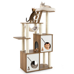 Tangkula Modern Cat Tree, 57 Inch Wood Cat Tower with Sisal Scratching Posts, Padded Top Perch