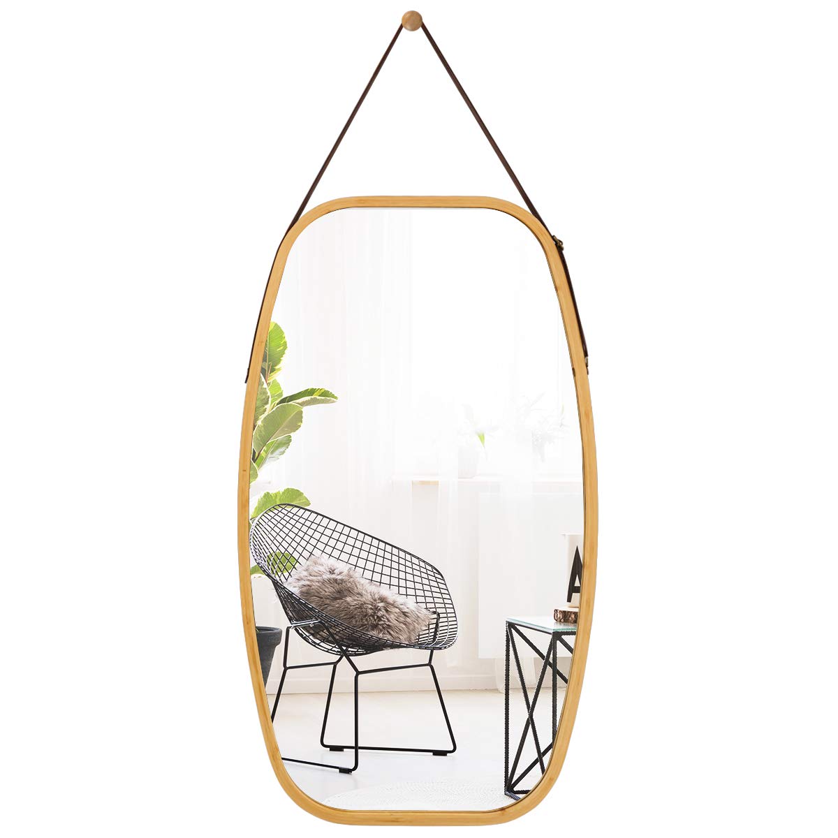 Tangkula Wall Hanging Mirror, Modern Rectangle Wall Bamboo Frame Mirror