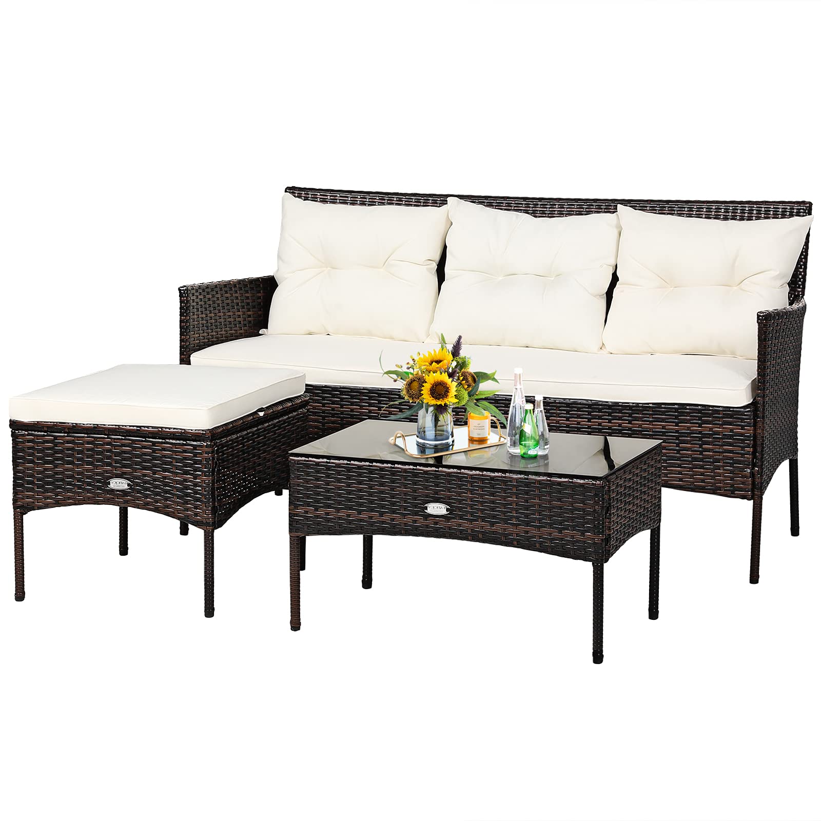 3 Pieces Patio Conversation Set, Outdoor PE Rattan Wicker Furniture Set