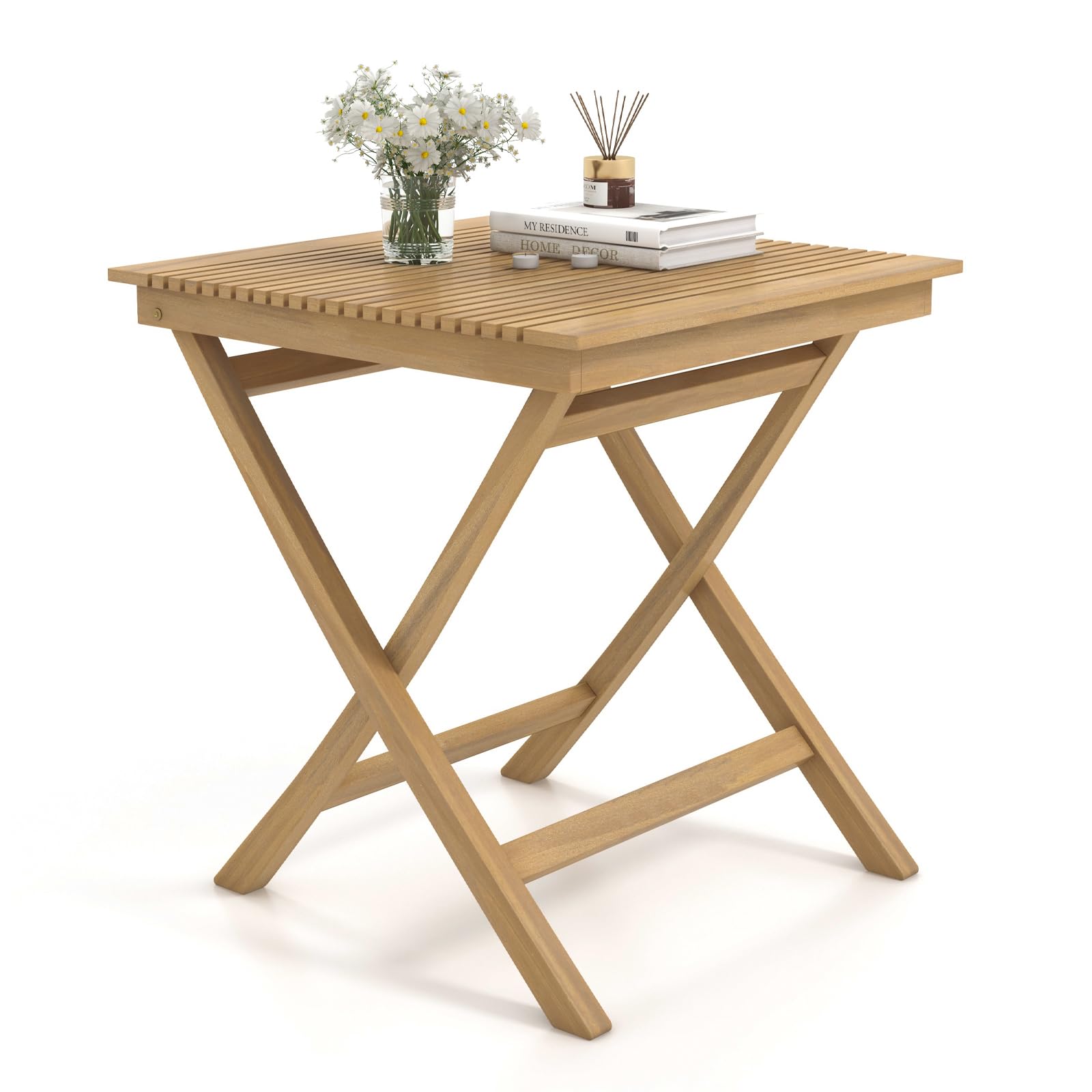 Tangkula 27.5 Inch Patio Bistro Table, Teak Wood Square Table with Slatted Tabletop