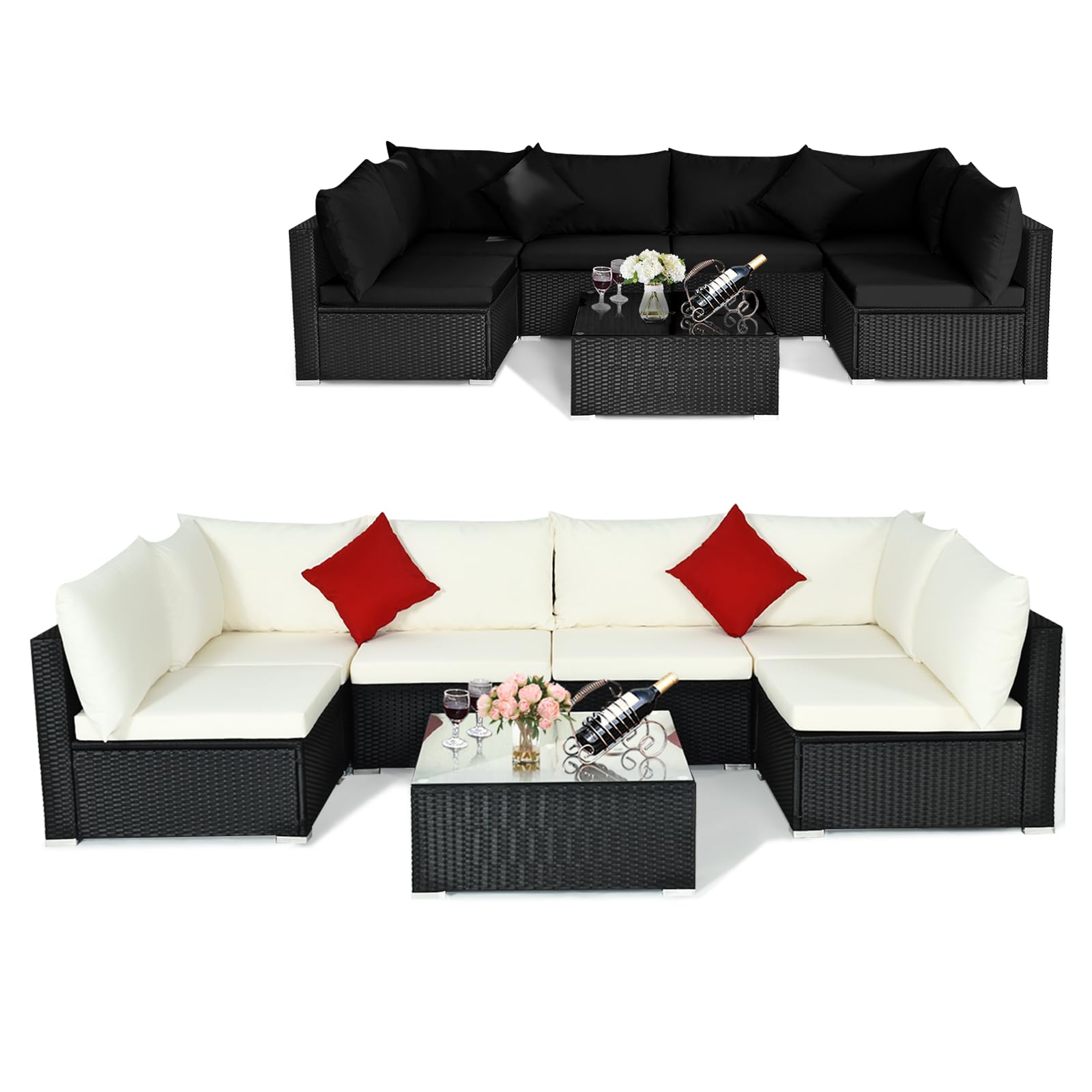 Tangkula 7 Piece Patio Furniture Set, Outdoor Sectional Sofa with 2 Pillows and Cushions