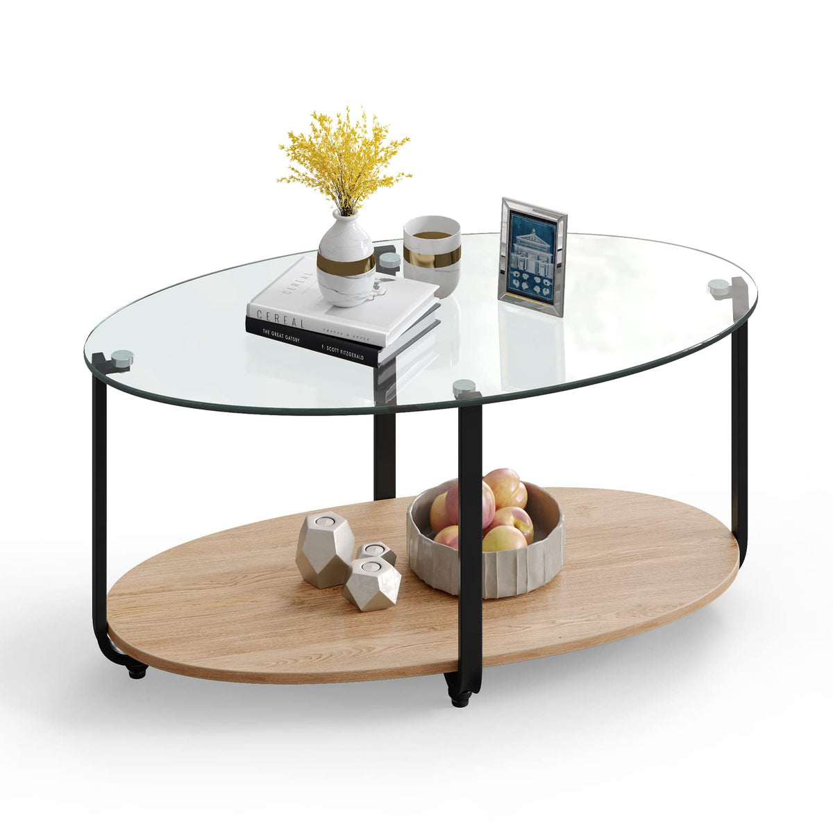 Tangkula Glass Coffee Table, 2 Tier Oval Tea Table with Tempered Glass Tabletop and Wooden Shelf