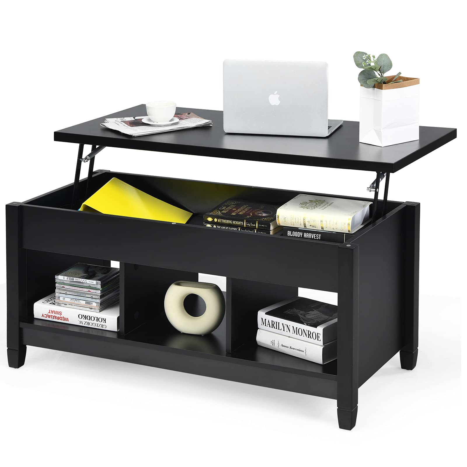 TANGKULA Modern Coffee Table w/Hidden Compartment and Open Storage Shelf for Living Room Office Reception Room