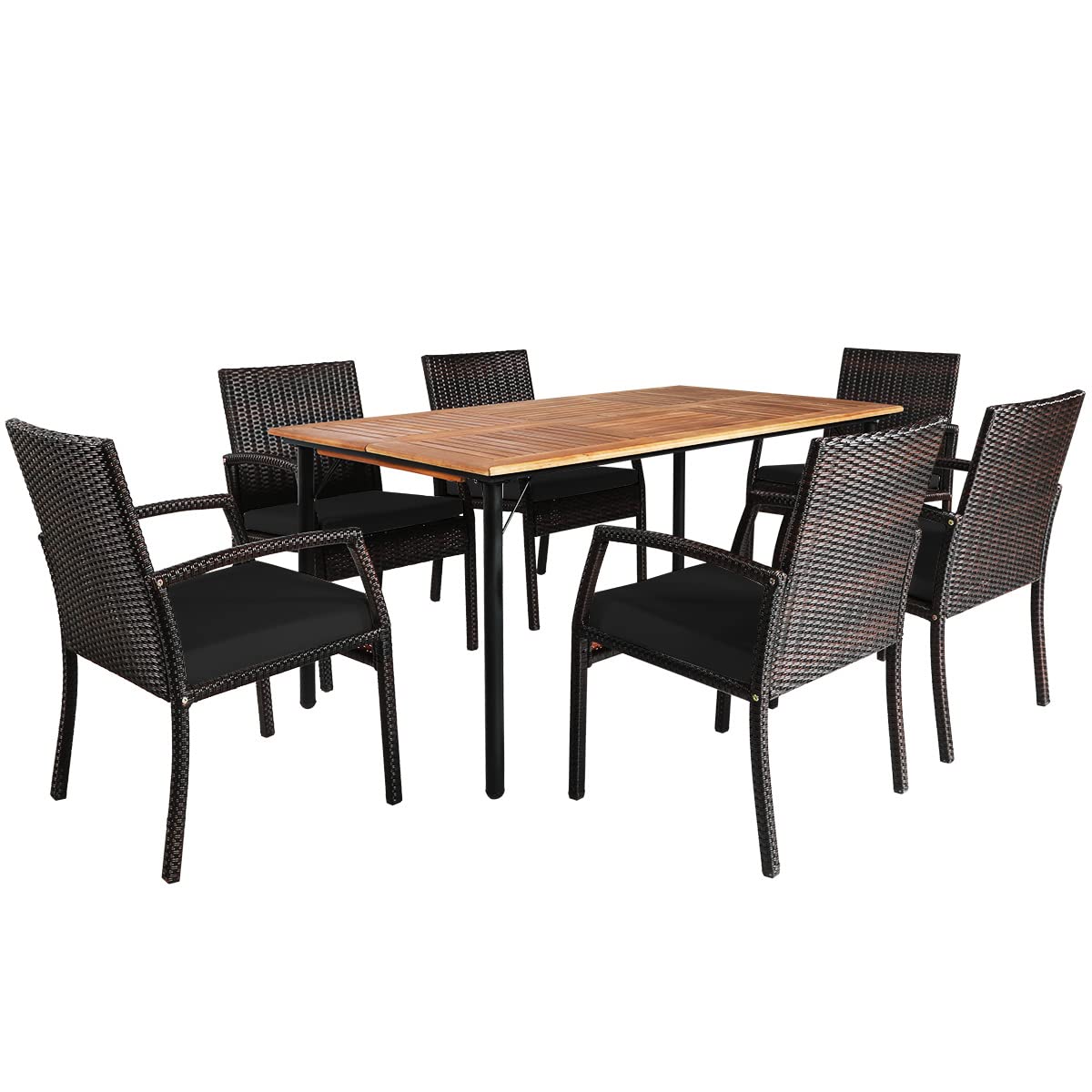 Tangkula 7 Pieces Patio Dining Set, Acacia Wood Wicker Dining Furniture Set with Sturdy Steel Frame & Umbrella Hole