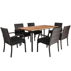 Tangkula 7 Pieces Patio Dining Set, Acacia Wood Wicker Dining Furniture Set with Sturdy Steel Frame & Umbrella Hole