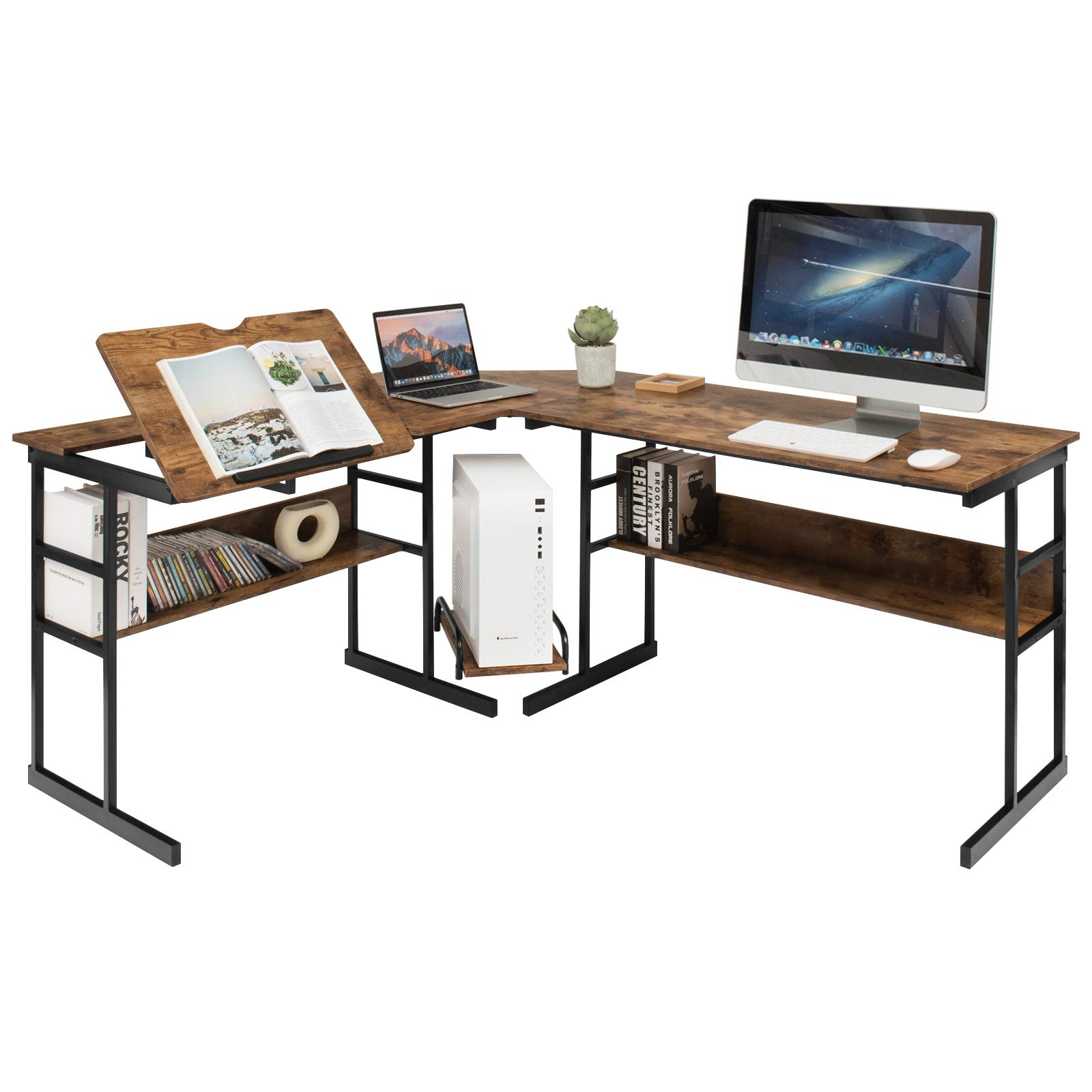 Tangkula 67 inches L-Shaped Desk, Corner Computer Desk with Bottom Bookshelves & CPU Stand