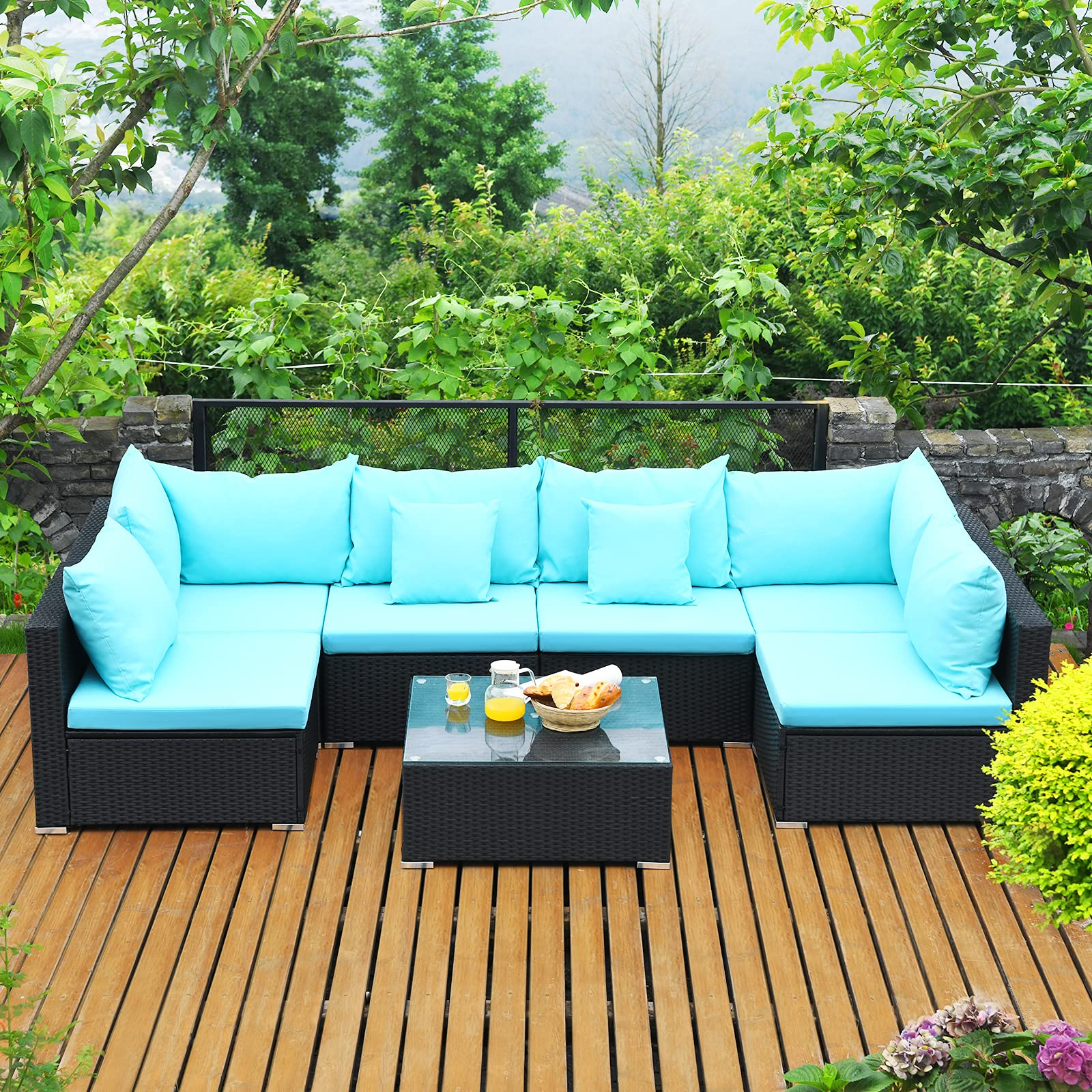 Tangkula 7 Piece Patio Furniture Set, Outdoor Sectional Sofa w/Pillows and Cushions