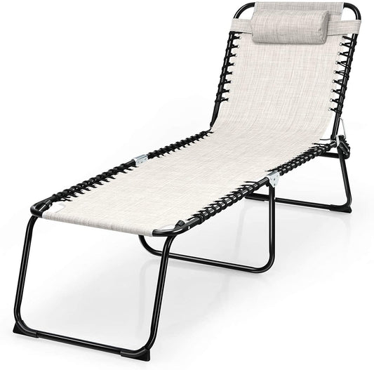 Outdoor Folding Chaise Lounge Chair, 4-Position Adjustable Reclining Chair with Pillow