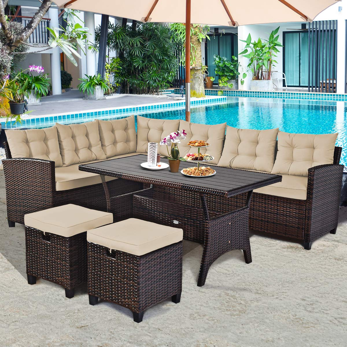 Tangkula 5 PCS Patio Furniture Set, Outdoor Conversation Set with 6 Cushioned Seat 2 Ottomans & Coffee Table