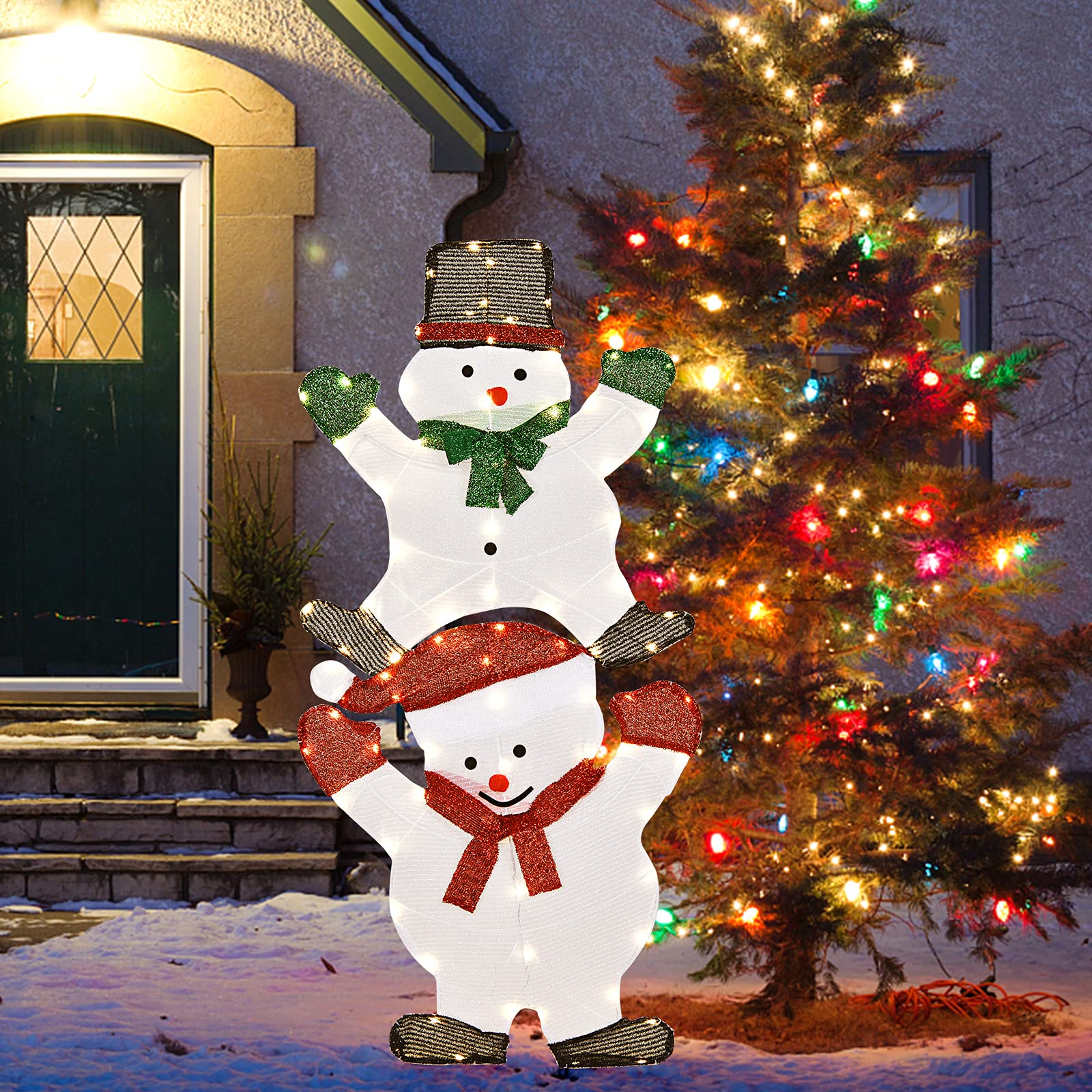 Tangkula 54 inches Christmas Double Snowman Yard Sign with LED Lights