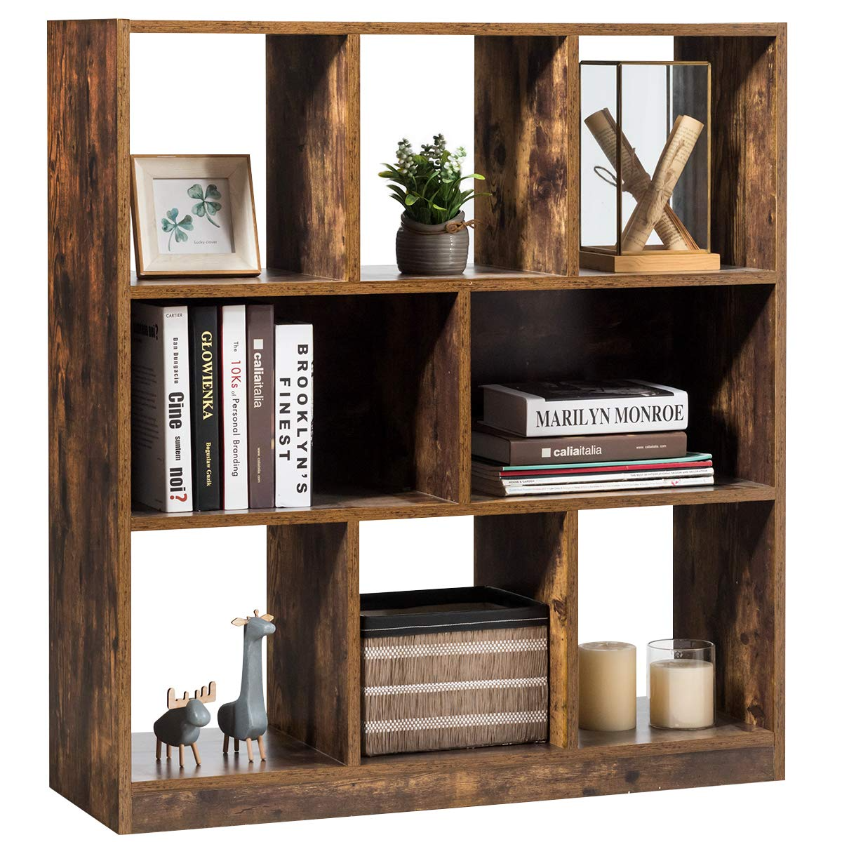 Tangkula 8 Cubes Industrial Wooden Bookcase, Freestanding Bookshelf with Open Shelves