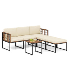 Tangkula 6 Pieces Acacia Wood Patio Furniture Set, Patiojoy Outdoor Sectional Conversation Sofa Set with Cushions