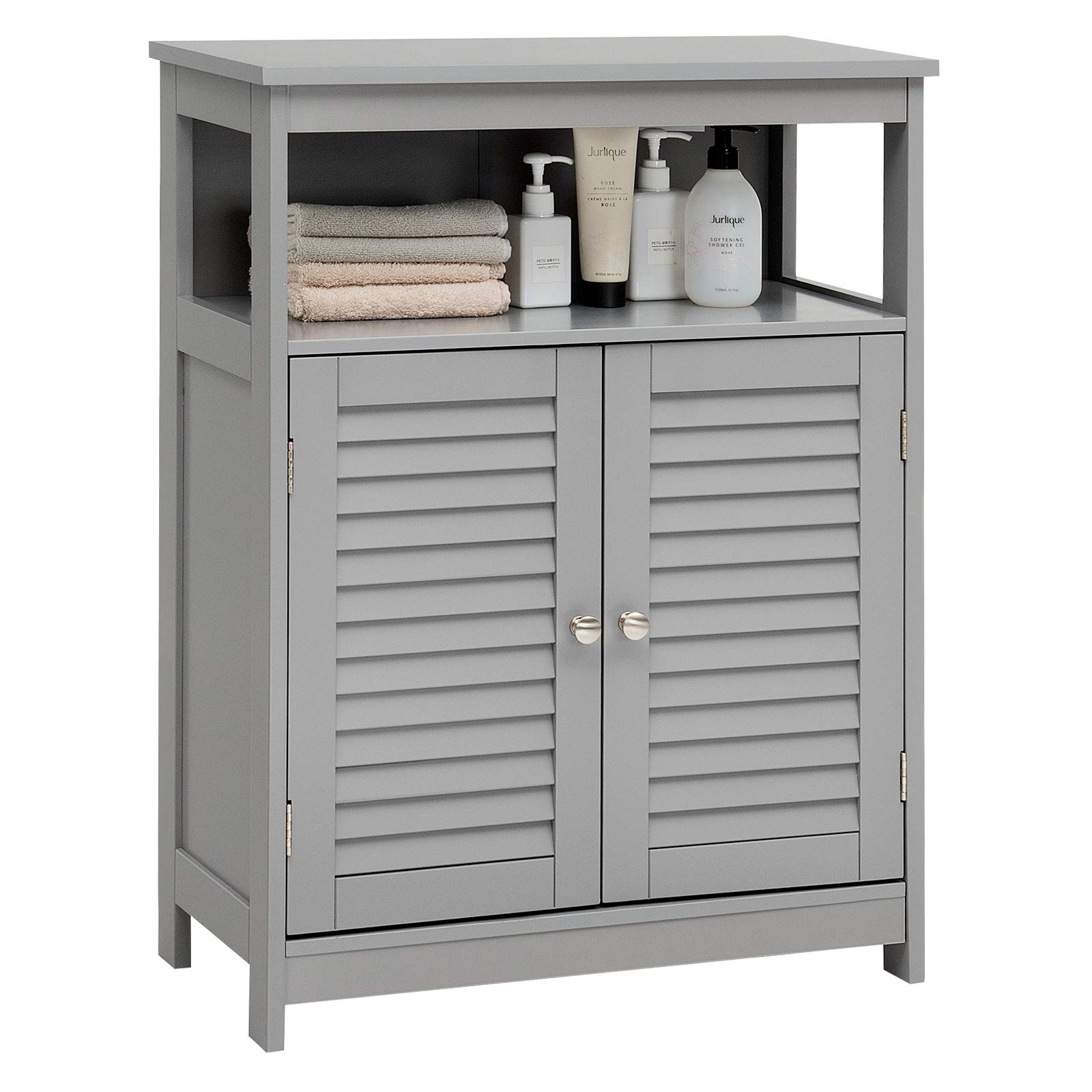 Tangkula Bathroom Floor Cabinet, Wooden Freestanding Storage Cabinet with Double Shutter Door & Adjustable Shelf