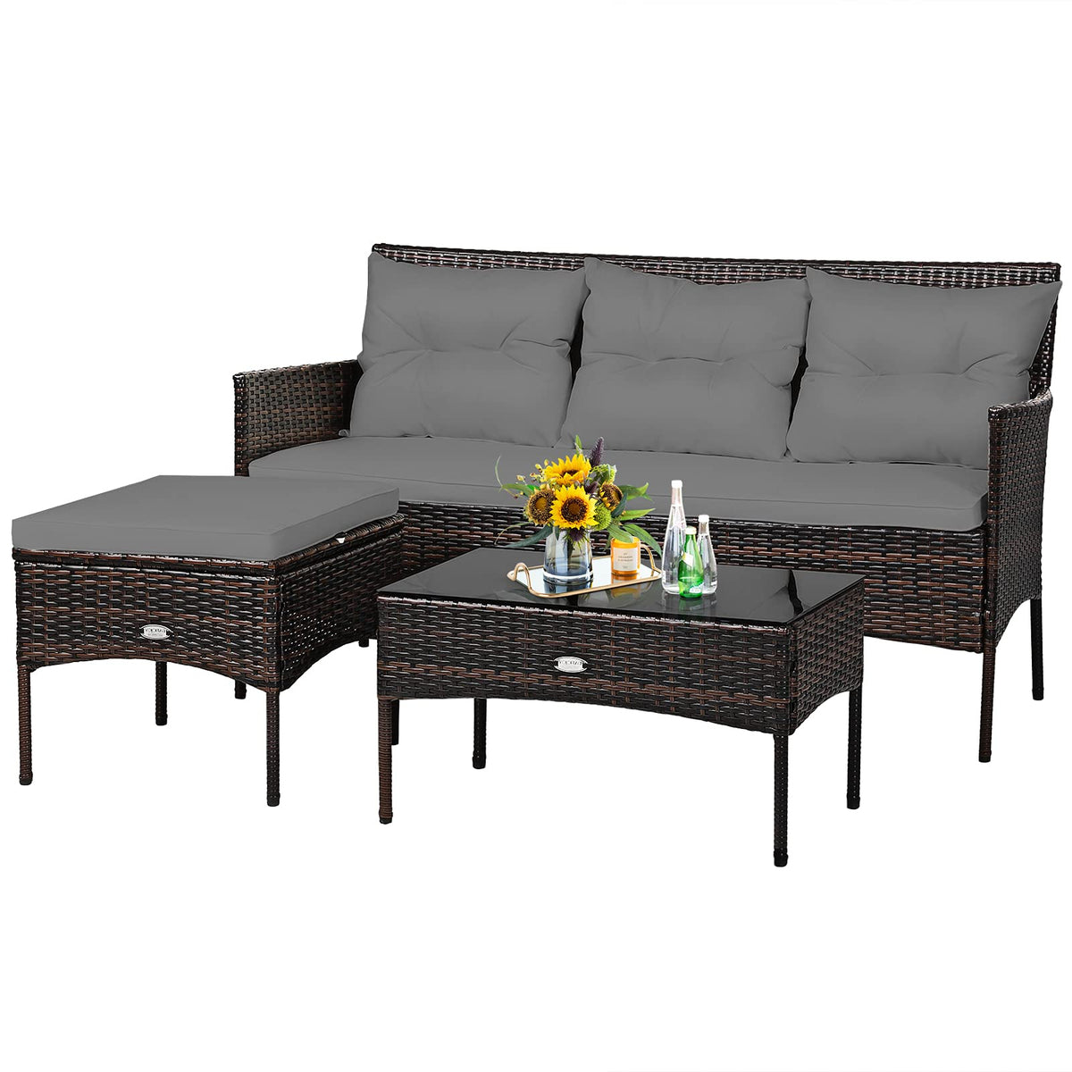 3 Pieces Patio Conversation Set, Outdoor PE Rattan Wicker Furniture Set