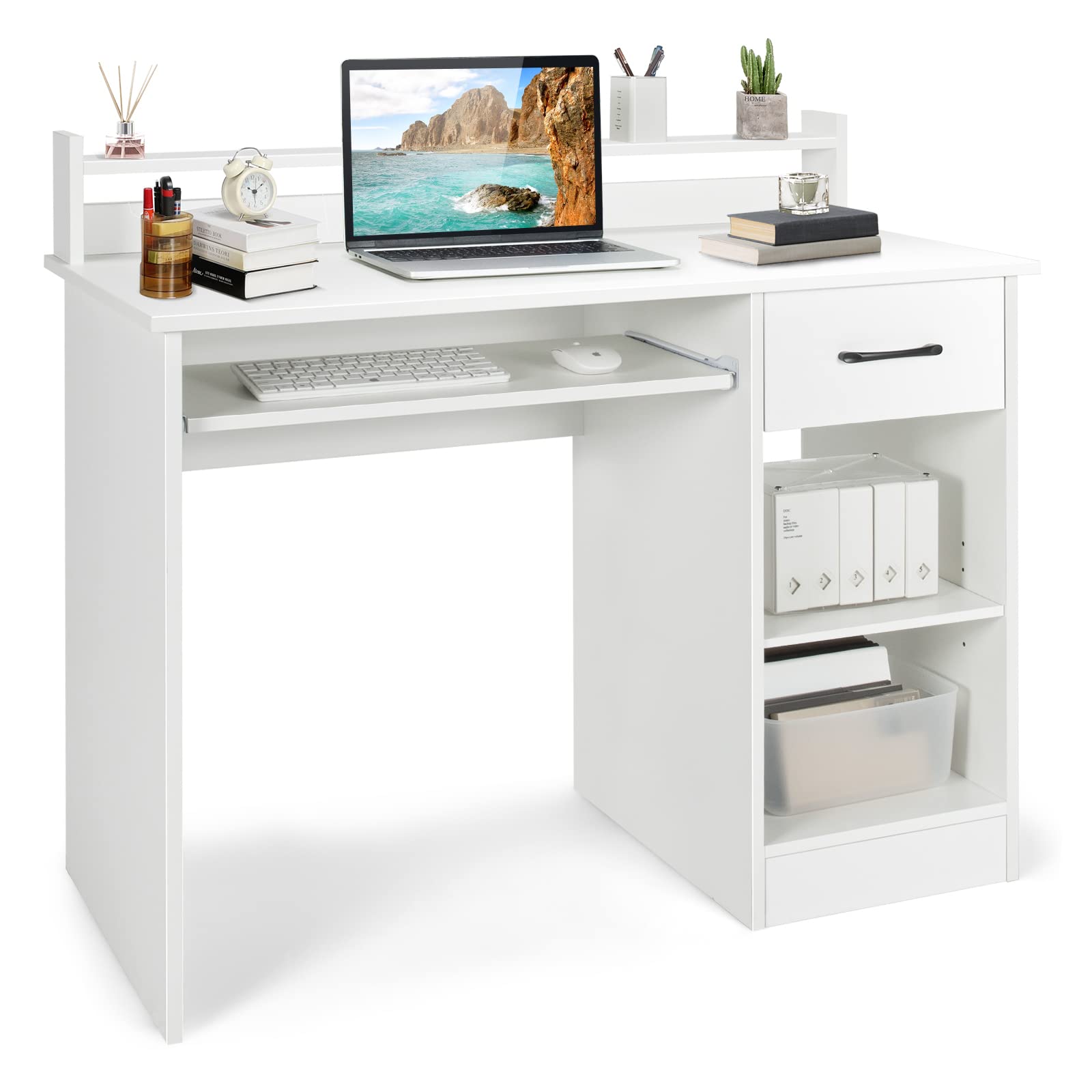 Tangkula White Computer Desk with Drawer & Keyboard Tray