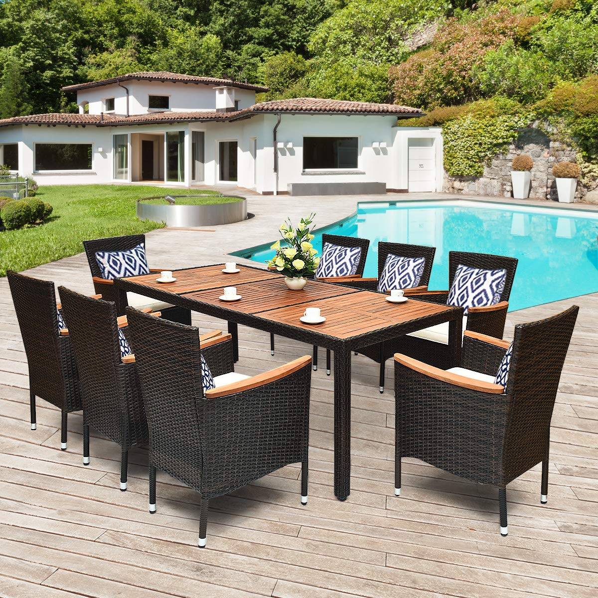 9 Piece Outdoor Dining Set, Garden Patio Wicker Set w/Cushions