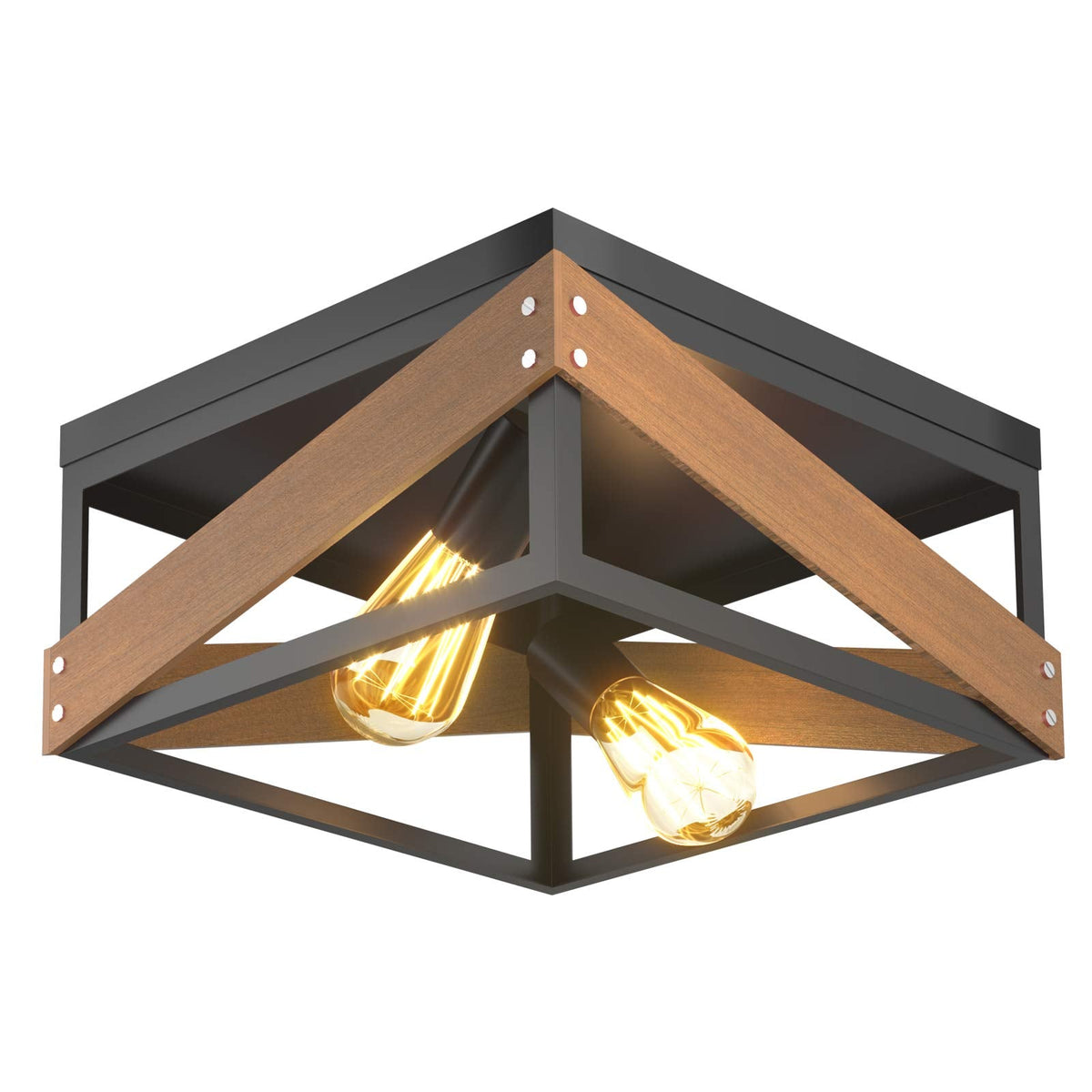 Flush Mount Ceiling Light, Rustic Flush Mount Light with Iron & Wood Square Shade & 2 Angle Adjustable Lights