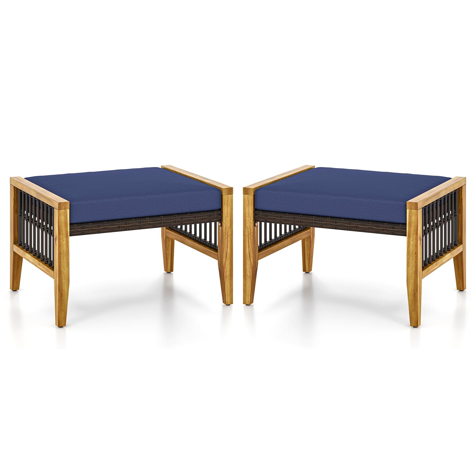 Tangkula Set of 2 Outdoor Ottomans, Patio Acacia Wood Ottomans with Cushions (Navy)