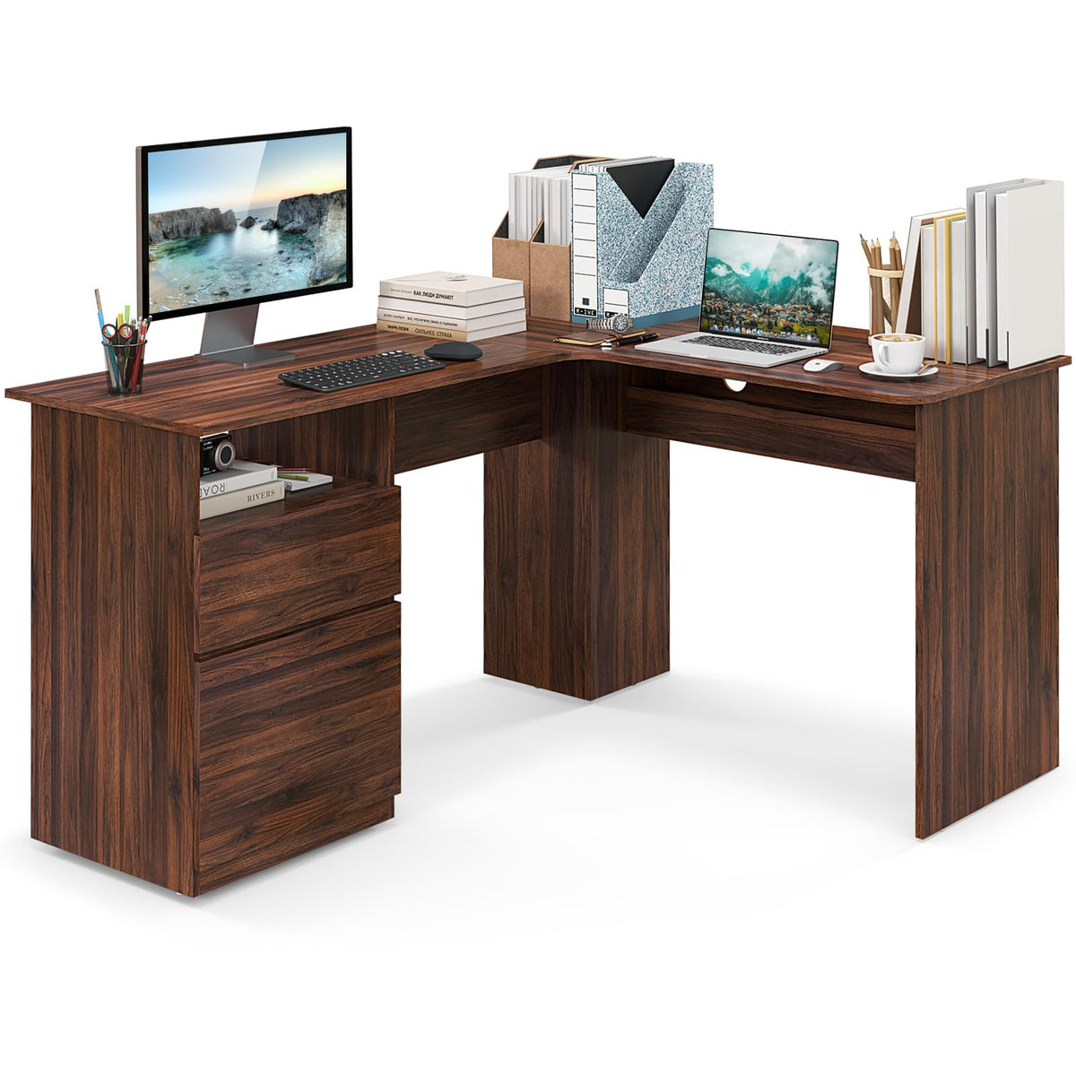 Tangkula L-Shaped Desk with 2 Storage Drawers, 59” Corner Computer Desk with File Drawer & Open Shelf