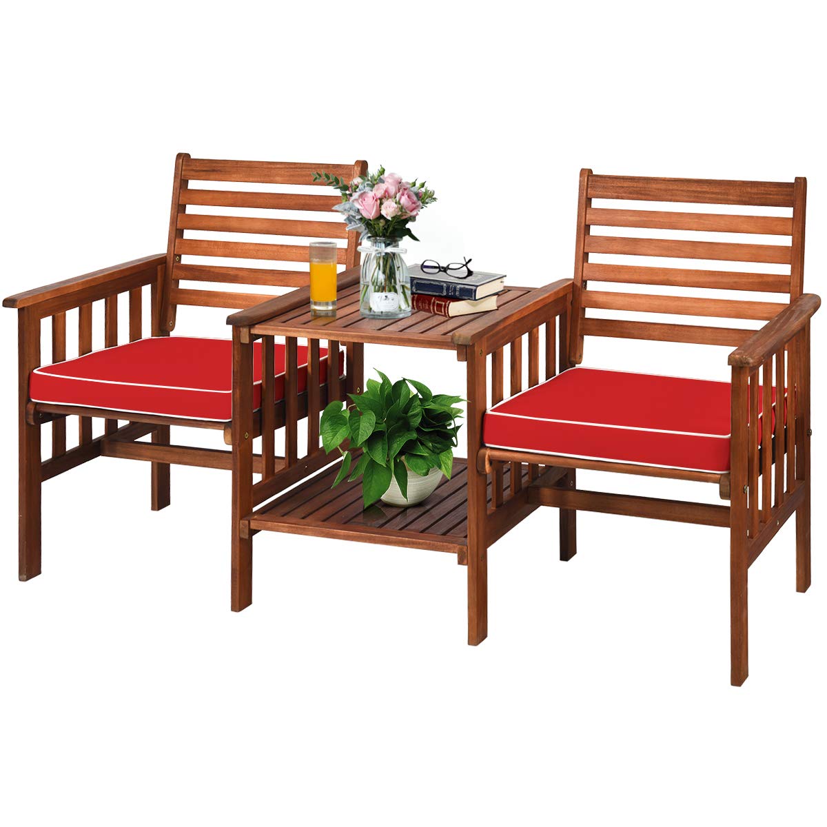 Tangkula Acacia Wood Loveseat, 3pcs Outdoor Table Chairs Set (White)