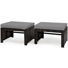 2 Pieces Patio Rattan Ottomans, All Weather Outdoor Footstool Footrest Seat with Soft Cushion