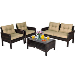 4 Piece Patio Furniture Set, Outdoor Wicker Conversation Set with Glass Top Coffee Table