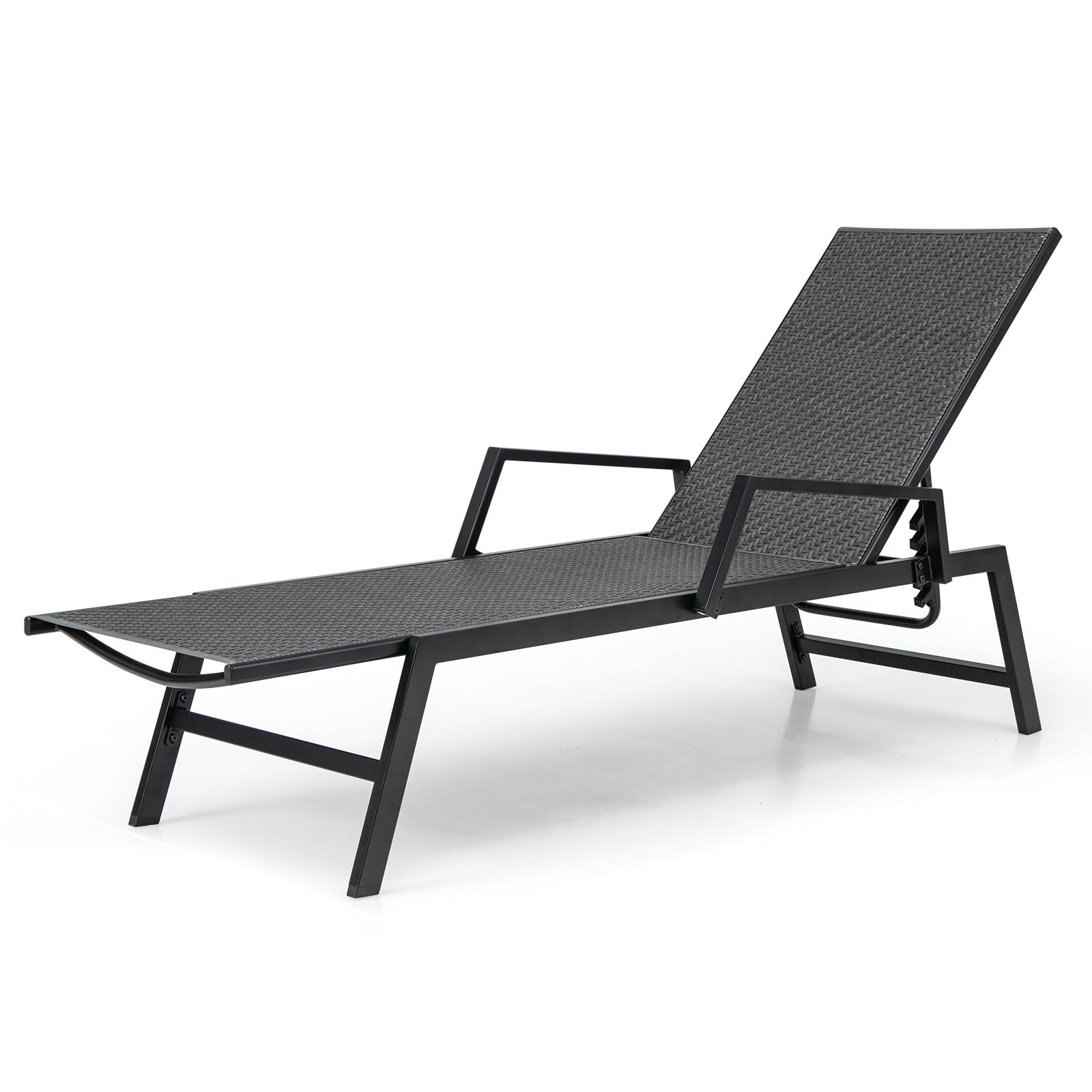 Tangkula Outdoor Rattan Chaise Lounge, Woven PE Wicker Reclining Chair with Armrests & 5-Position Backrest