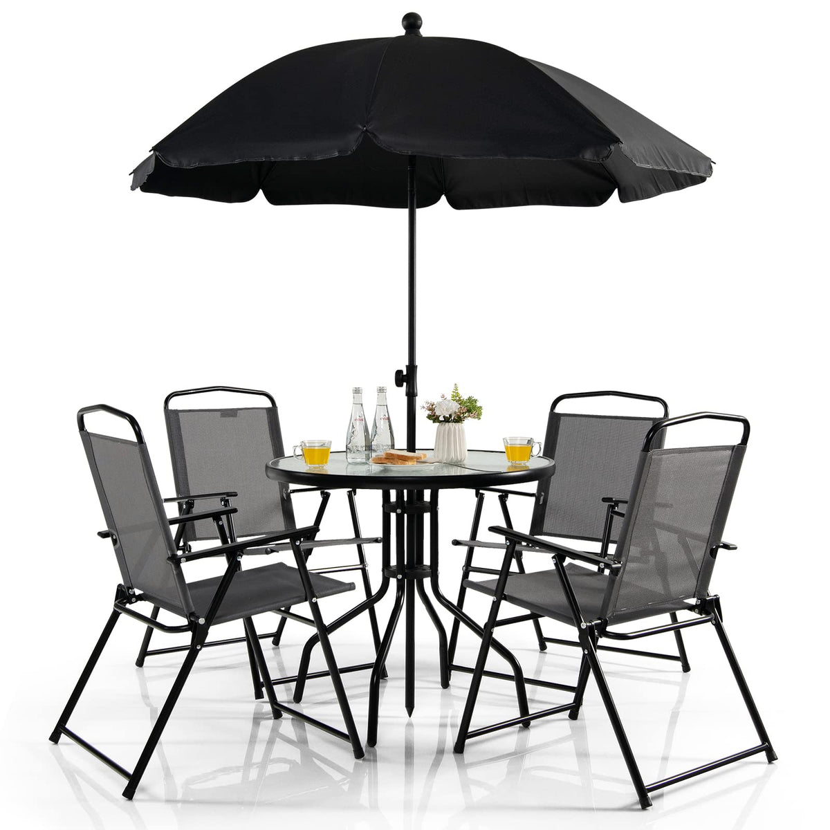 Tangkula 6 Piece Folding Patio Dining Set, Outdoor Table Chair Set for 4, 31.5" Round Table & 4 Folding Chairs, Patio Tiltable Umbrella Included